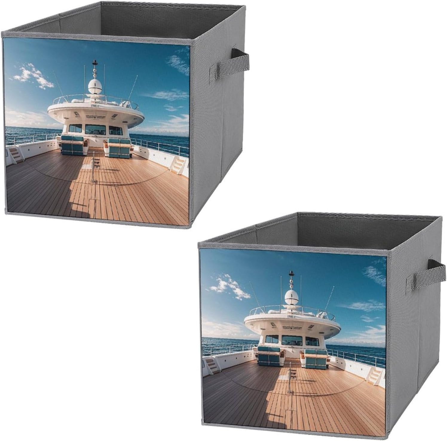 Wooden Deck Yacht Foldable Storage Box with Handles, Durable Oxford Storage Cubes, 2PCS Collapsible Closet Organizer for Home, Shelf, Office, Travel