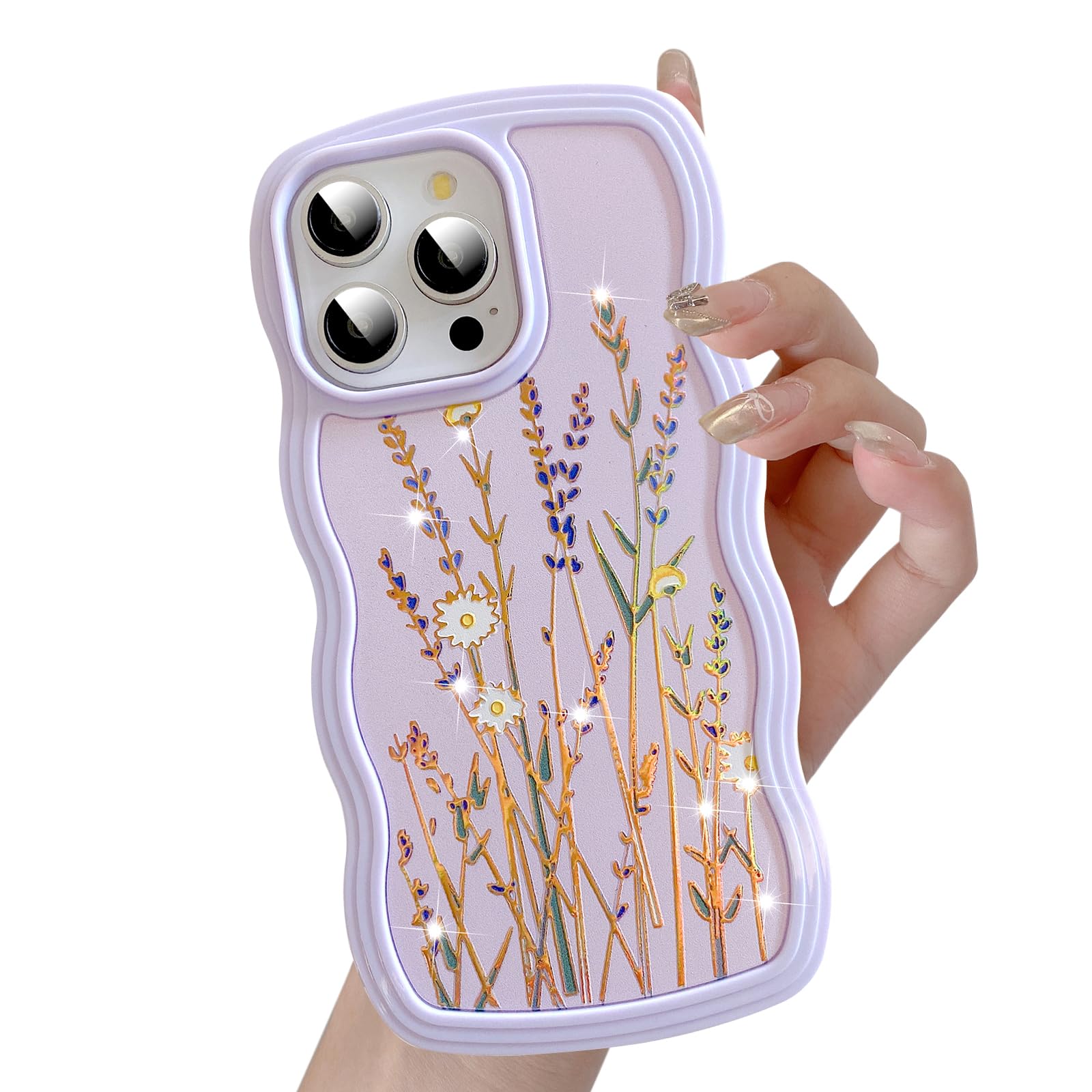 UEEBAI for iPhone 14 Pro Max Case, Floral Wave Frame Cute Curly Anti-slip Flower Case with Aesthetic Pattern