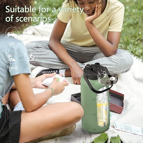 Miniatura 7 de BLUEGO Botellas de agua de vidrio de 64 onzas con marcador de tiempo y pajilla, botella de agua motivacional grande de medio galón, con funda de