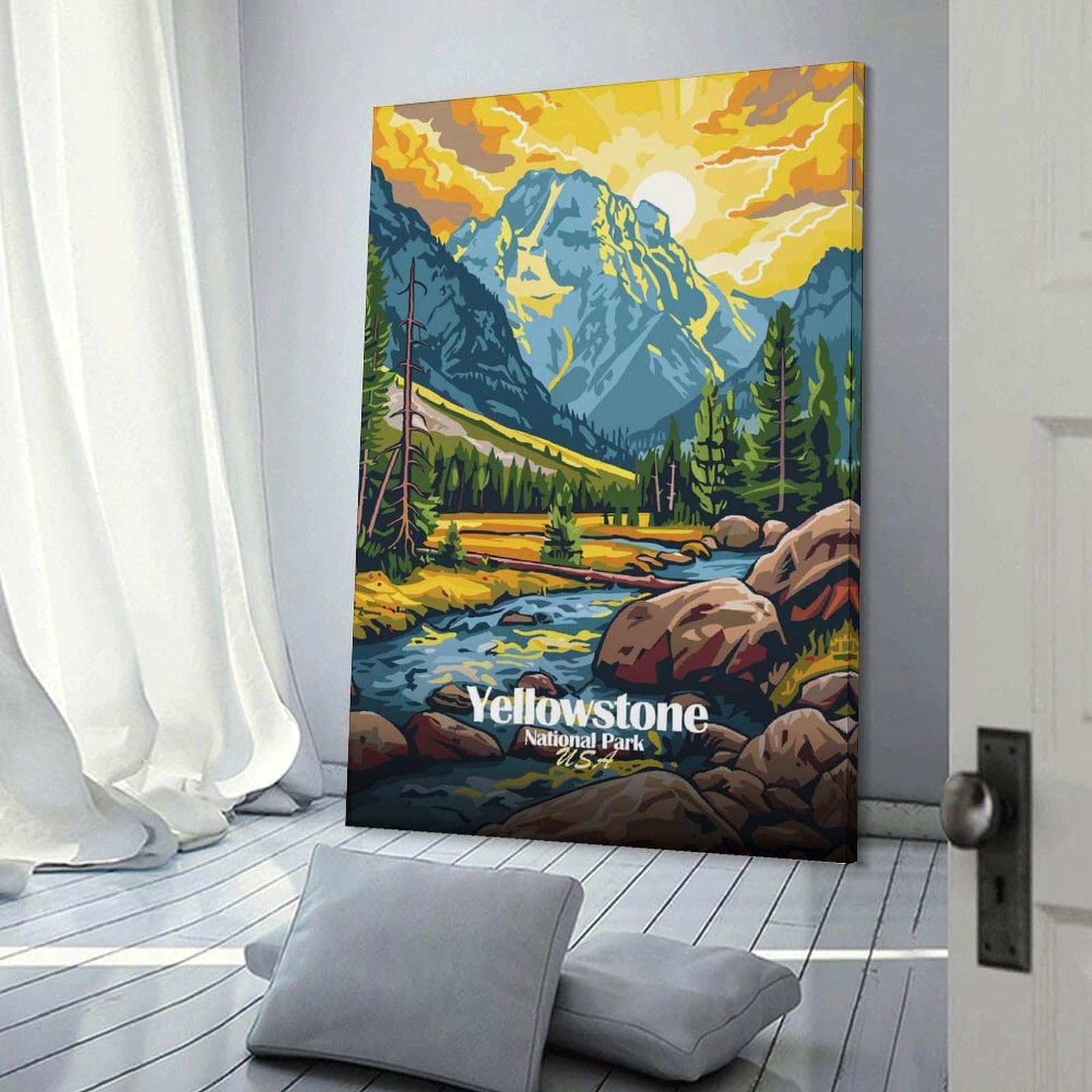 Junmoney Yellowstone National Park Landscape Illustration Canvas Wall Decor 20x30inch(50x75cm), for Home Lounge, Bedroom Or Reading Nook, A Home Accent with Warm Character