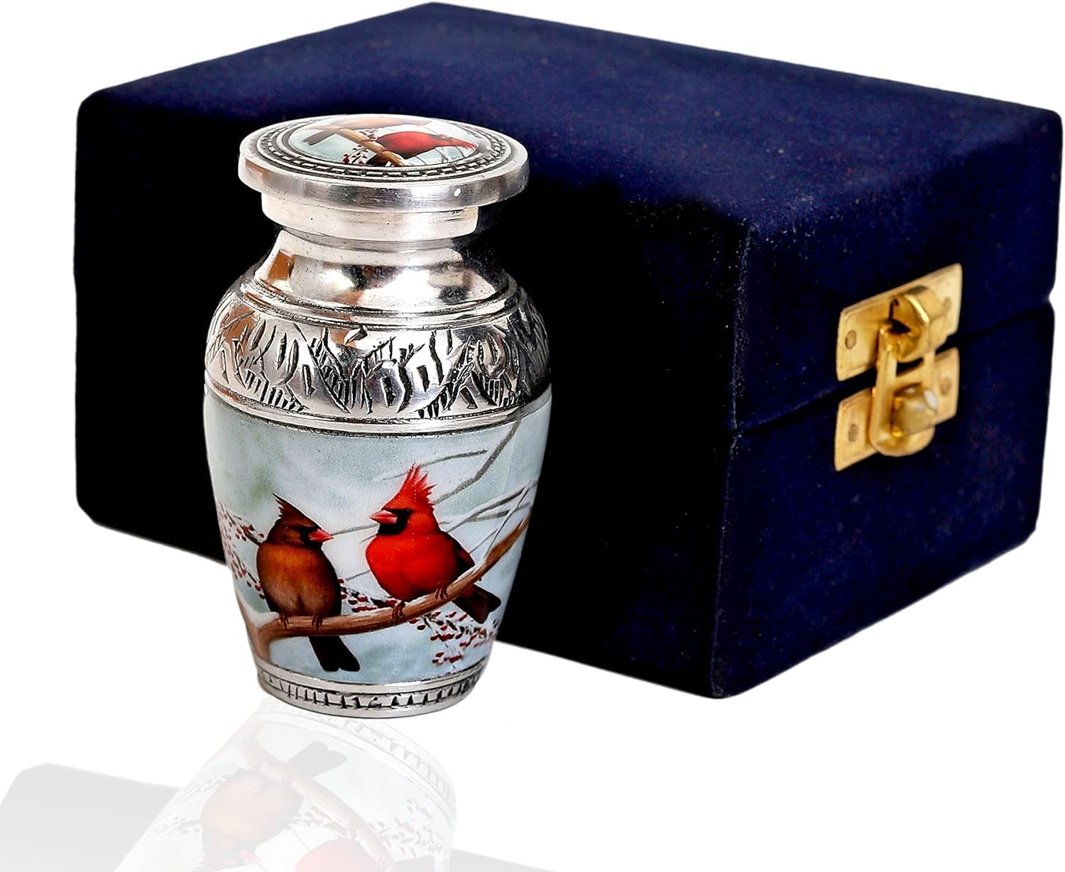 HLC Beautiful Small Cardinal Couple Bird Keepsake Urn - Memorial for Human Ashes with Velvet Box Bag - Peaceful Engraved Mini Affordable Urn (4.5 in) (Large)