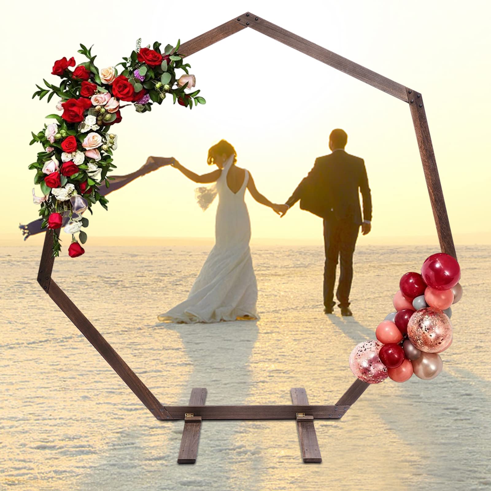 Hochzeitsbogen Holzgestell, Siebeneckige Hochzeitsbögen Holz Wedding Arch Hintergrund Ständer für Hochzeiten Dekorationen