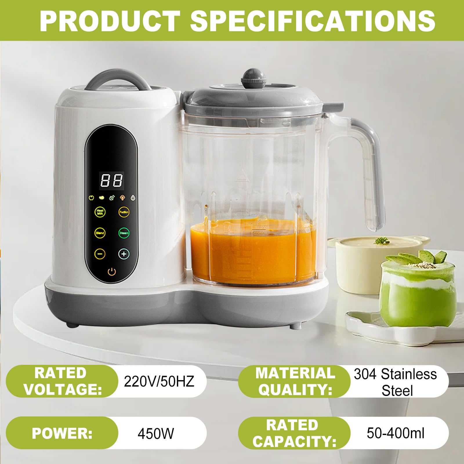 Baby Food Maker - Cuiseur vapeur pour bébé - 400 ml - Multifonction - Avec écran tactile et 4 préréglages de cuisson - Cuiseur vapeur automatique