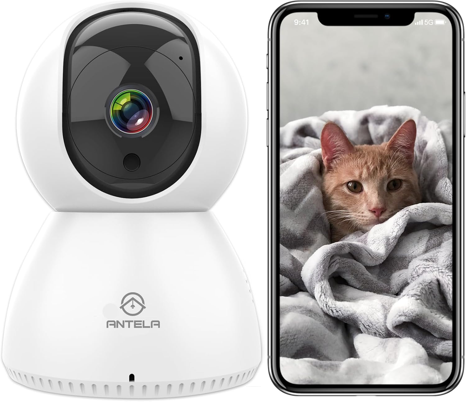 ANTELA Cámara IP WiFi Cámara de Vigilancia 355° FHD 1080p, Visión Nocturna, Audio Bidireccional, Detección de Movimiento, Control Remoto, Compatible con Alexa y Google Home, Soporta Tarjeta SD