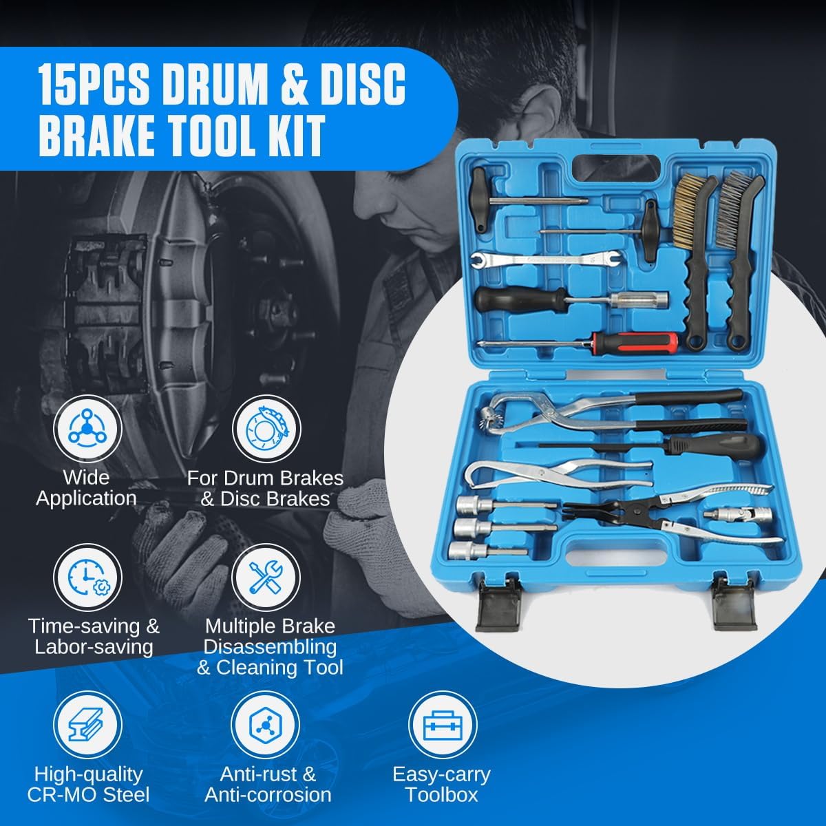 Brake Tools 15PC Drum & Disc Brake Tool Kit Labor-saving Drum Brake Spring Tool Anti-rust Brake Installer Remover Adjusting Tool with Brake Spring Pliers/Compressor/Puller, Brake Caliper Cleaning Tool