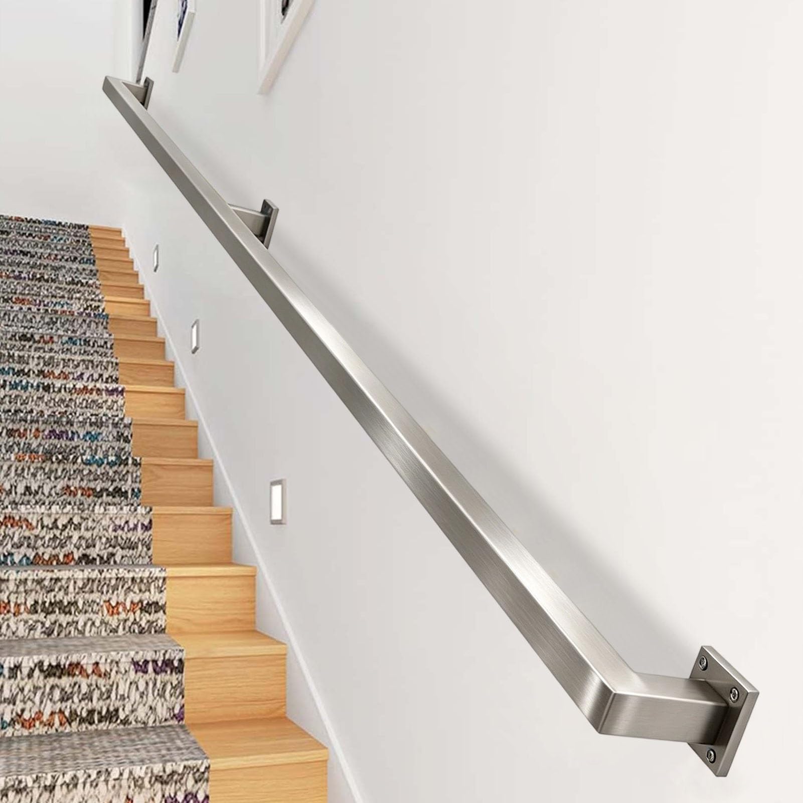 Junvstor 30cm 120cm 240cm 360cm Staircase Handrails for Indoor & Outdoor, Stainless Steel Railings Square Stair Banister Hand Railing with Fittings, Wall Balustrade Grab Bar(16.4ft/500cm)