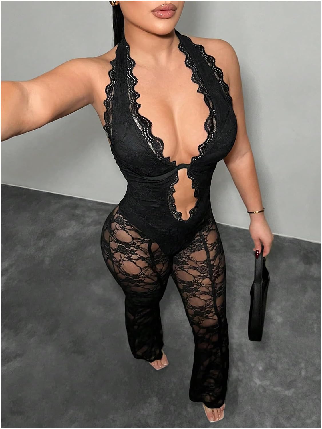 SHENHE Women's Sexy Lace Jumpsuit Deep V Neck Backless Halter Bodycon Sheer Jumpsuit Clubwear