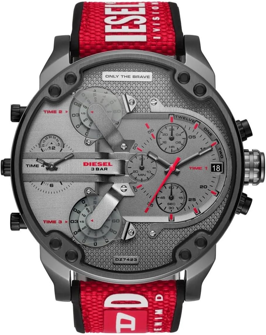 Diesel Mr. Daddy 2.0 Men's Watch with Oversized Chronograph Watch Dial and Stainless Steel, Silicone or Leather Band Red/Gunmetal
