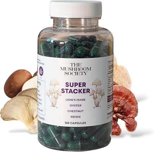 Miniatura 1 de Super Stacker - Suplemento de hongos 4 en 1 mezcla de bienestar - Melena de león, ostras, castañas y reishi - Inmune, concentración y vitalidad