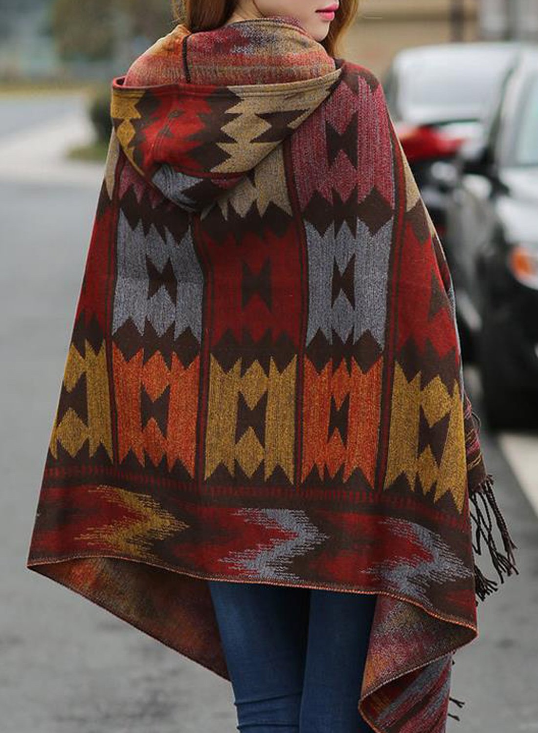 Women's Clothing Brown Woven Aztec With Hood Poncho Poncho (Wrap