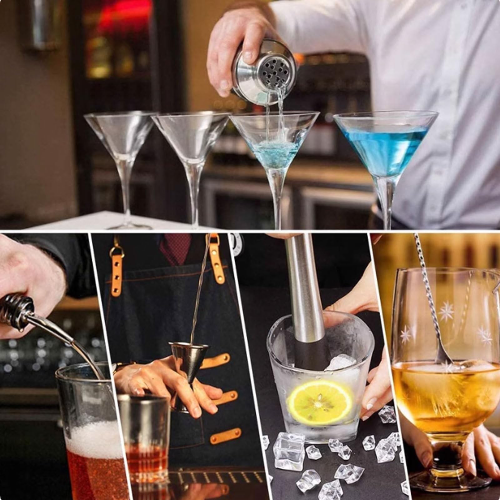 14-teiliges Cocktail-Shaker-Set aus Edelstahl mit Aufbewahrungsregal, Barmixer-Getränkeset for den privaten und professionellen Gebrauch