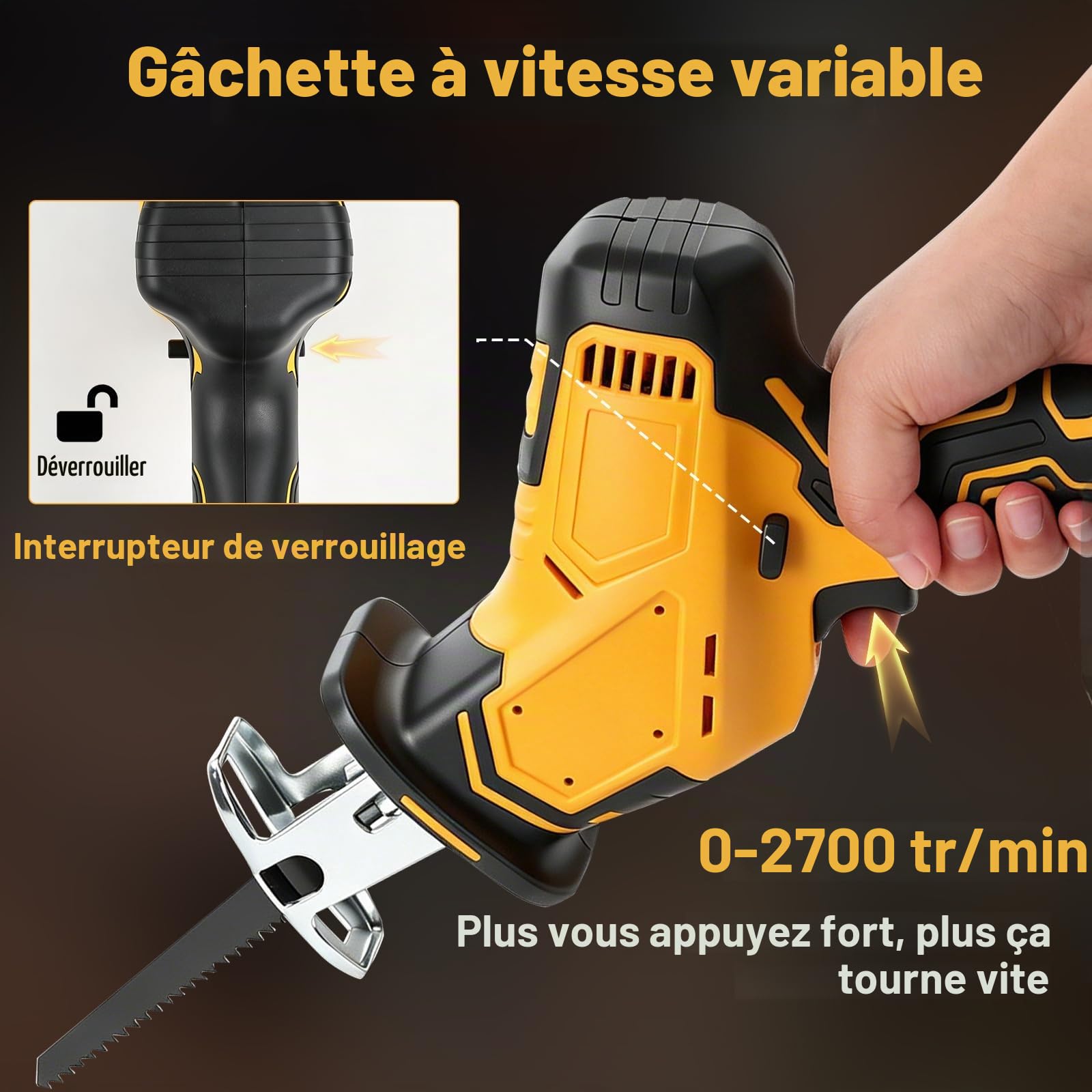 Scie sabre sans fil compatible avec batteries DEWALT 18 V/20 V, 2700 tr/min, moteur sans balais, vitesse de rotation variable, 4 lames de scie pour bois (jusqu'à 180 mm) et métal (jusqu'à 20 mm