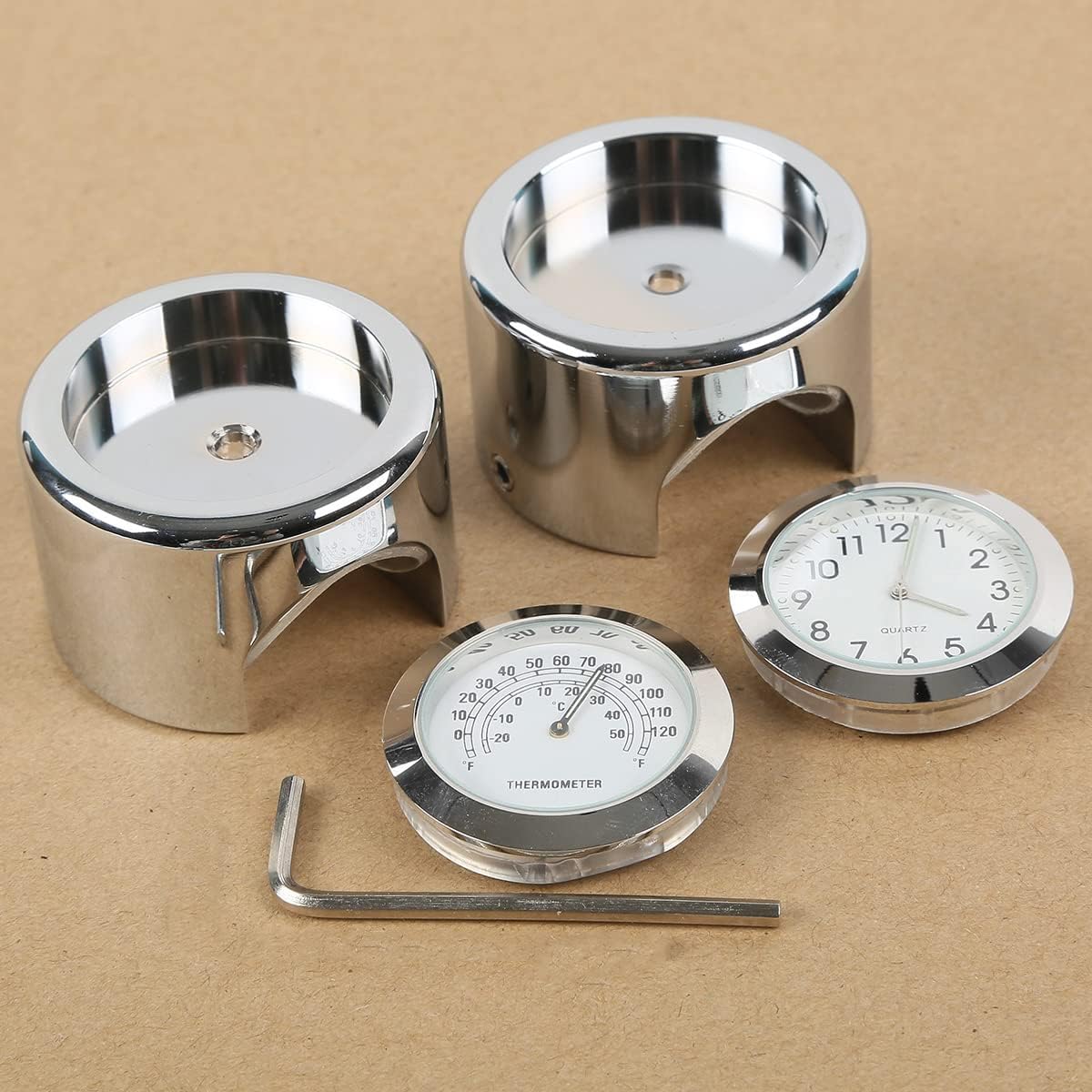 TCMT 7/8" 1" Motorcycle Handlebar Chrome White Dial Clock + White Temp Thermometer Waterproof Fits For Kawasaki VN Cruiser