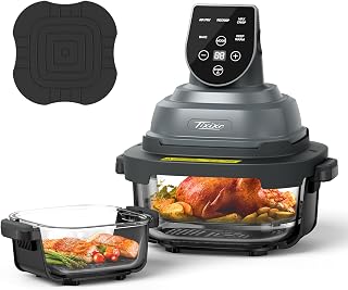Tixixc 5-in-1 Portable Glass Air Fryer, 4QT & 6-Cup Glass Containers with Lids, Silicone Mat, 1500W Small Air Fryer, 90% Less Oil, Dishwasher/Freezer Safe for Single Servings, Family Meals
