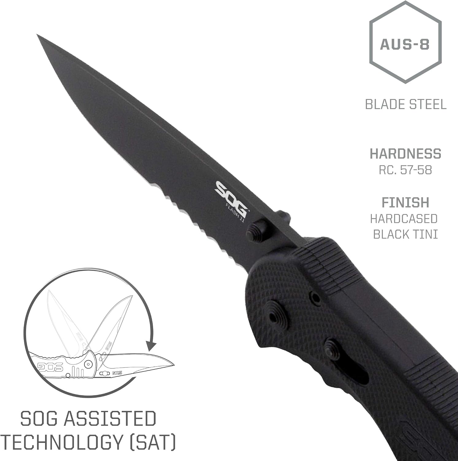 SOG TFSA98-CP Flash II 8 in Black EDC Pocket Knife