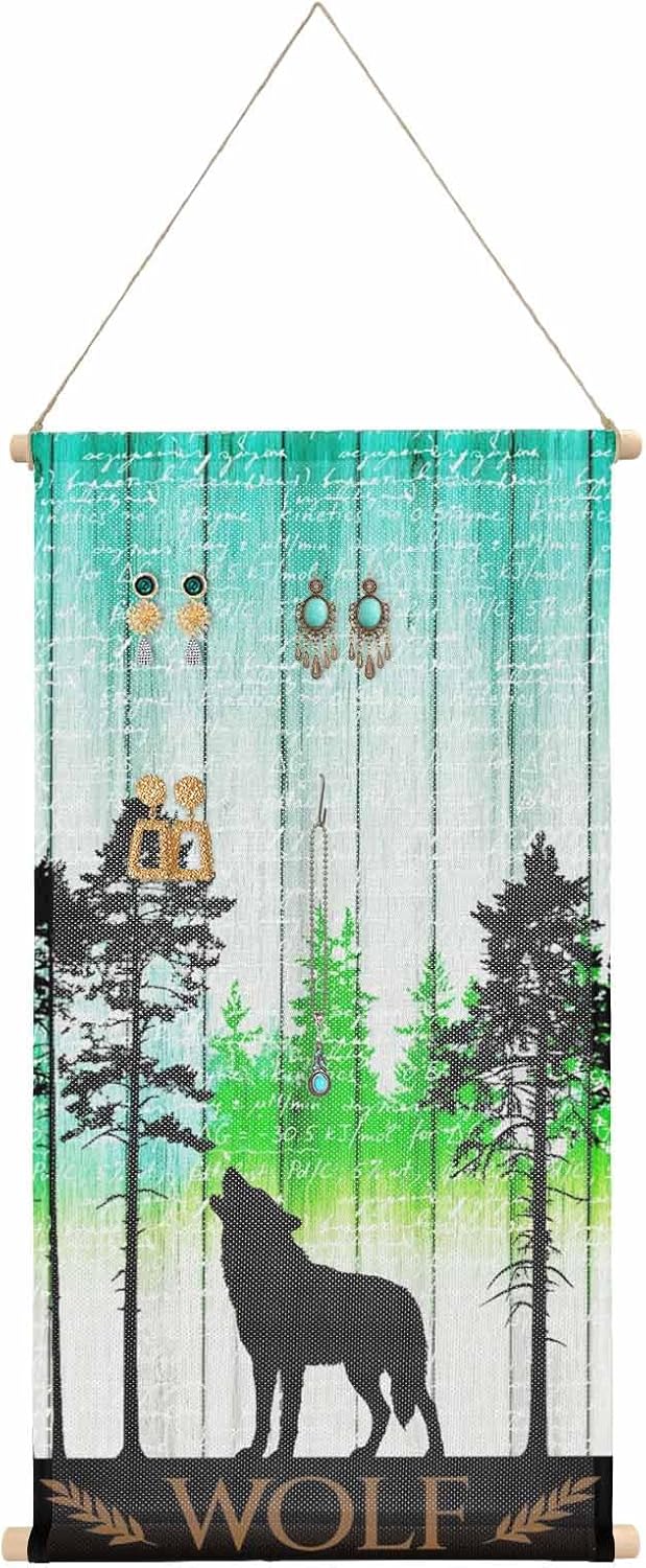 Retro Wolf Forest Black Silhouettes Hanging Jewelry Organizer Earring Holder for Women, Green Teal Ombre Wood Board Earring Organizer for Necklaces Rings on Closet, Wall, Door