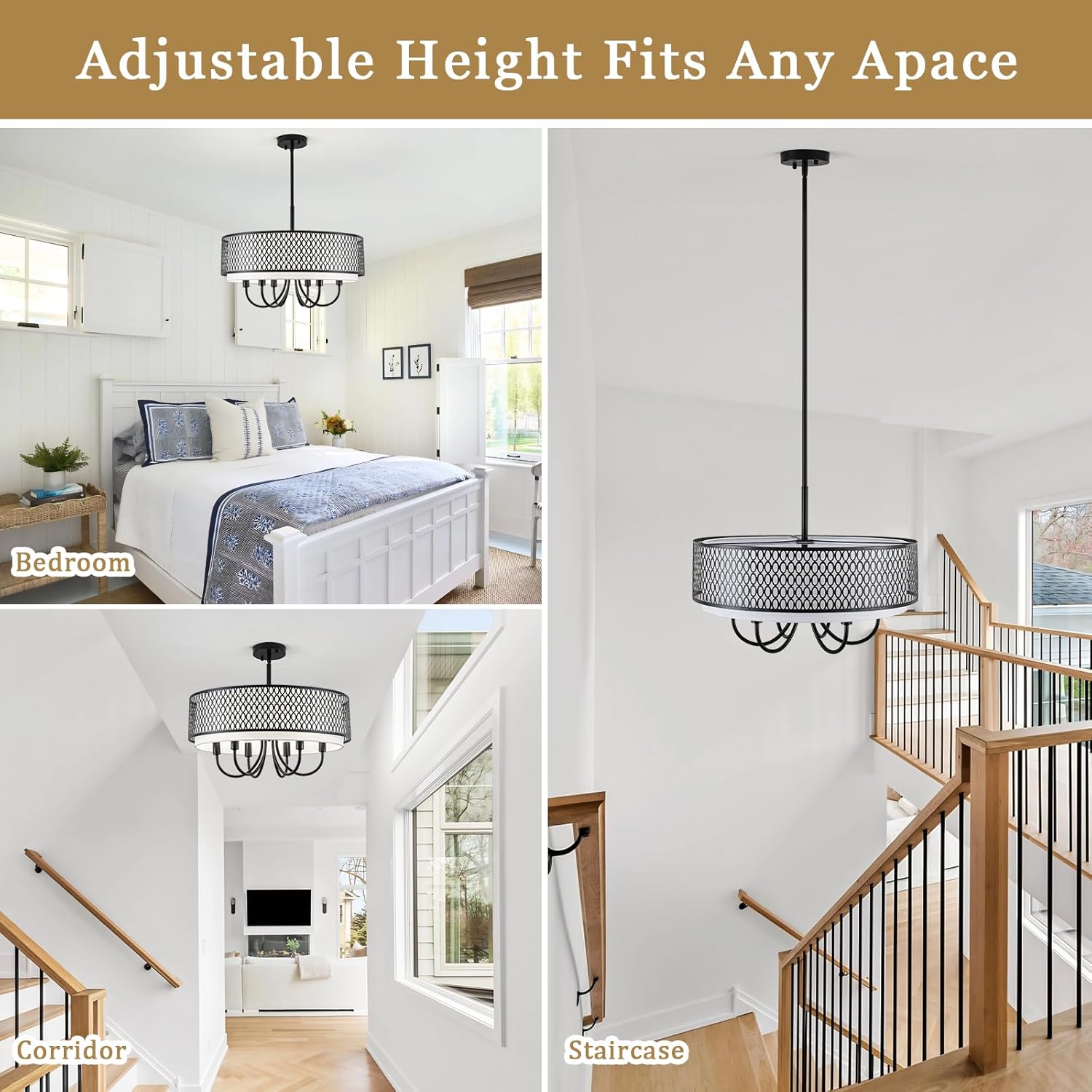 21.65" Large Black Chandelier with Shades 6 Lights Farmhouse Drum Chandeliers for Dining Room Over Table Round Pendant Light Fixtures Modern Chandelier for Entryway Foyer Kitchen Island Living Room