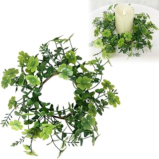 St. Patrick’s Day Candle Rings Wreath Artificial Shamrock Wreaths Clover Candle Rings Wreaths 4 Inch Center for Pillars Candle, Green Spring Table Decor Candle Ring Holder for Home Party (Green)