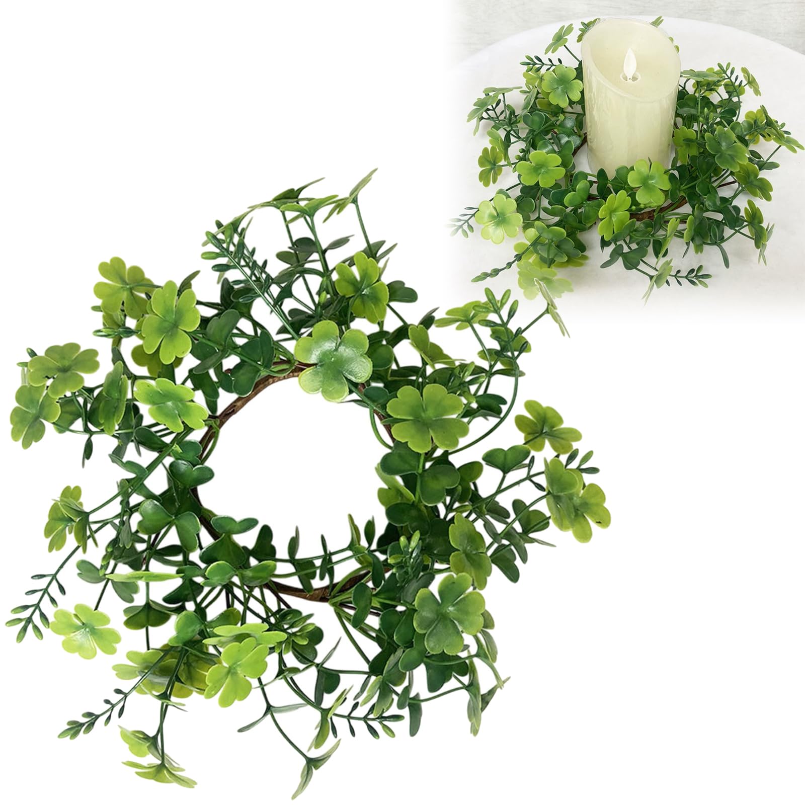 St. Patrick’s Day Candle Rings Wreath Artificial Shamrock Wreaths Clover Candle Rings Wreaths 4 Inch Center for Pillars Candle, Green Spring Table
