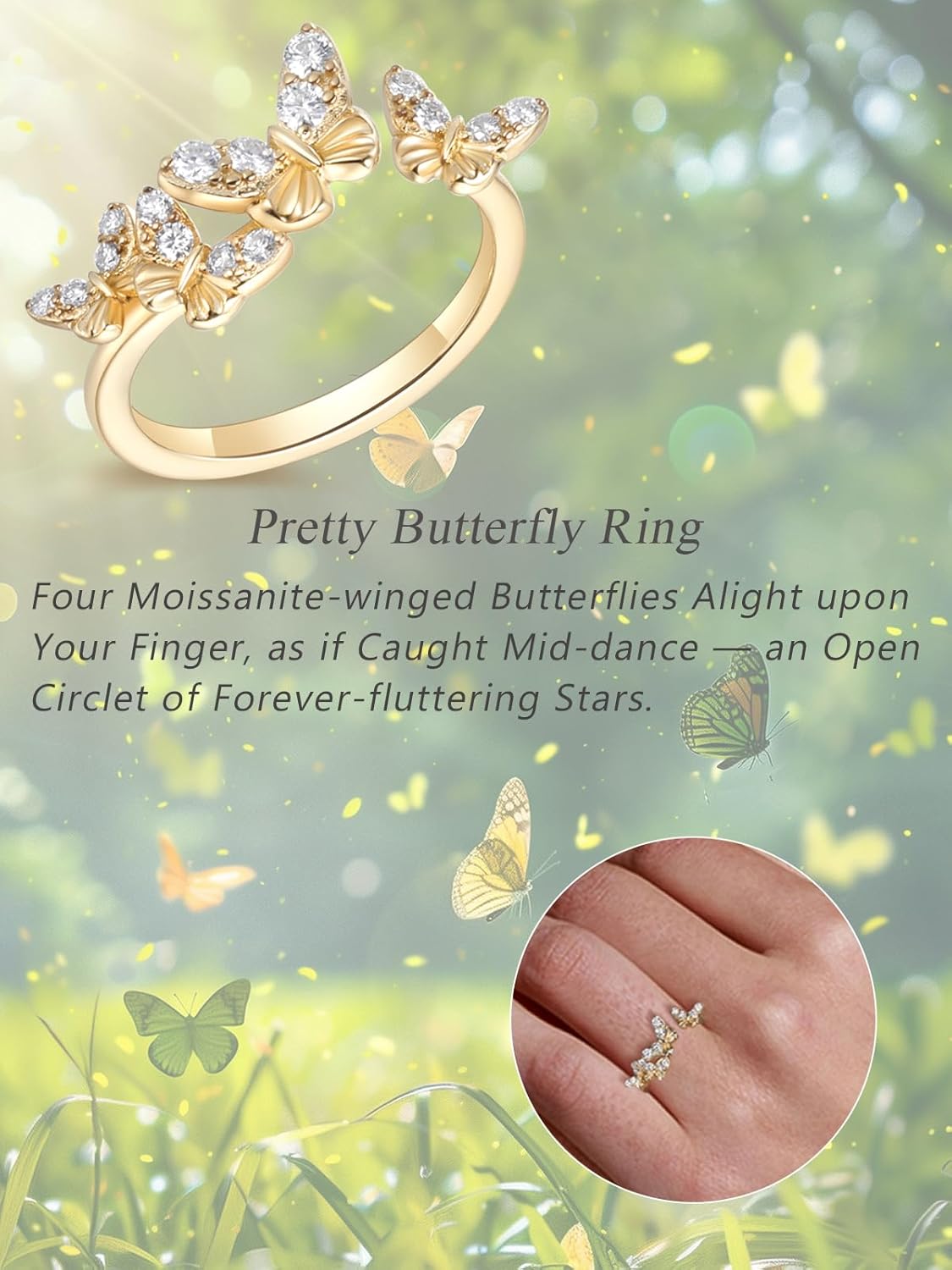 Moissanite Flower/Butterfly/Star Pretty Open Ring for Women, Adjustable Ring, Solid 925 Sterling Silver with Gold Plated, Stackable Ring, Birthday Valentines Anniversary Mothers Day Ideal Gift for Her