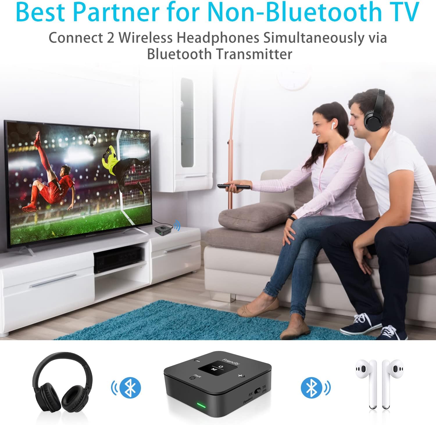 Friencity Bluetooth 5.0 Transmitter Receiver for TV, Bluetooth Audio Adapter for Home Stereo Headphones PC PS4 Xbox DVD MP3 Speaker, Digital Optcial Toslink 3.5mm RCA AUX, aptx Low Latency& Dual Link