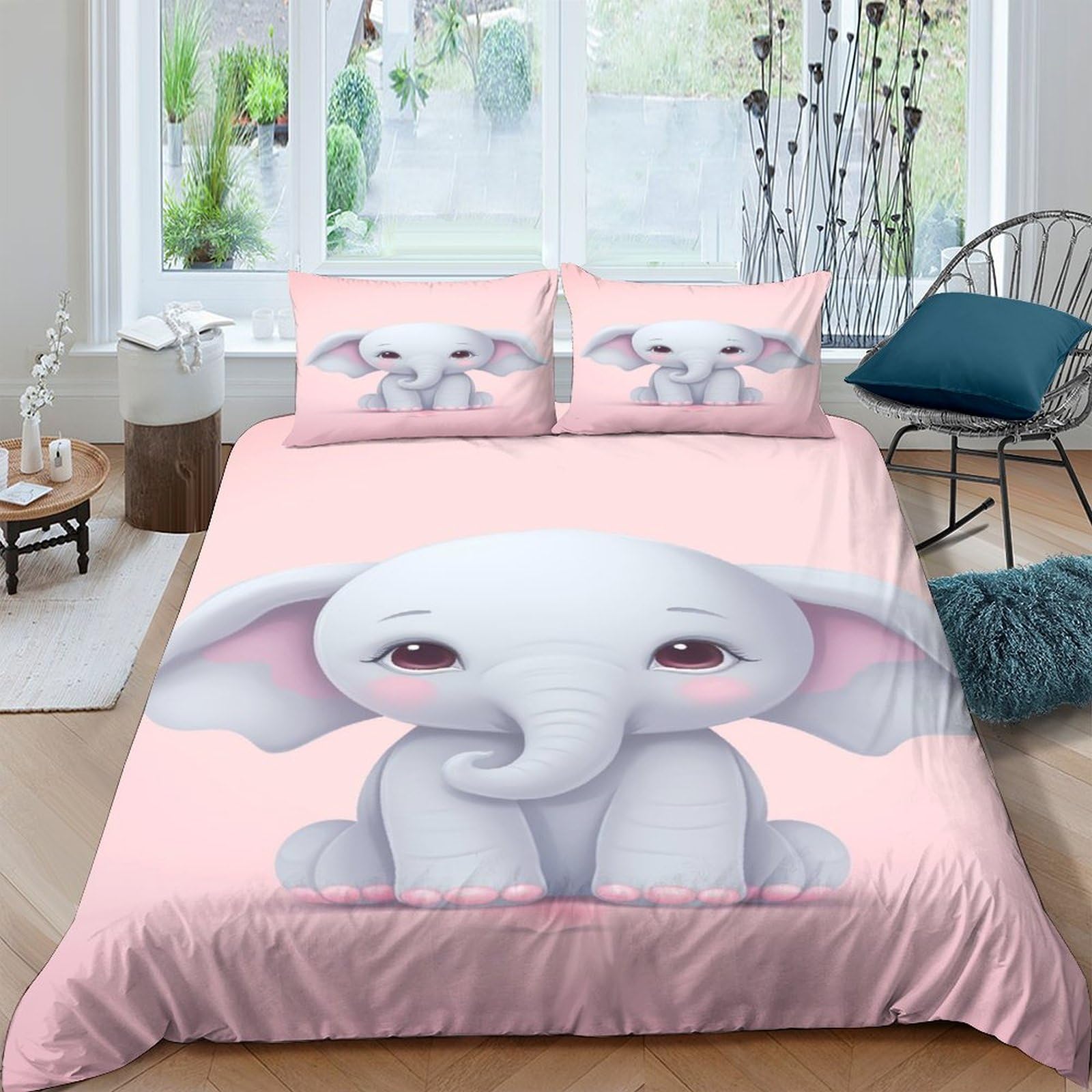 Housse de couette 200x200 éléphant rose avec 2 taies d'oreiller zippées