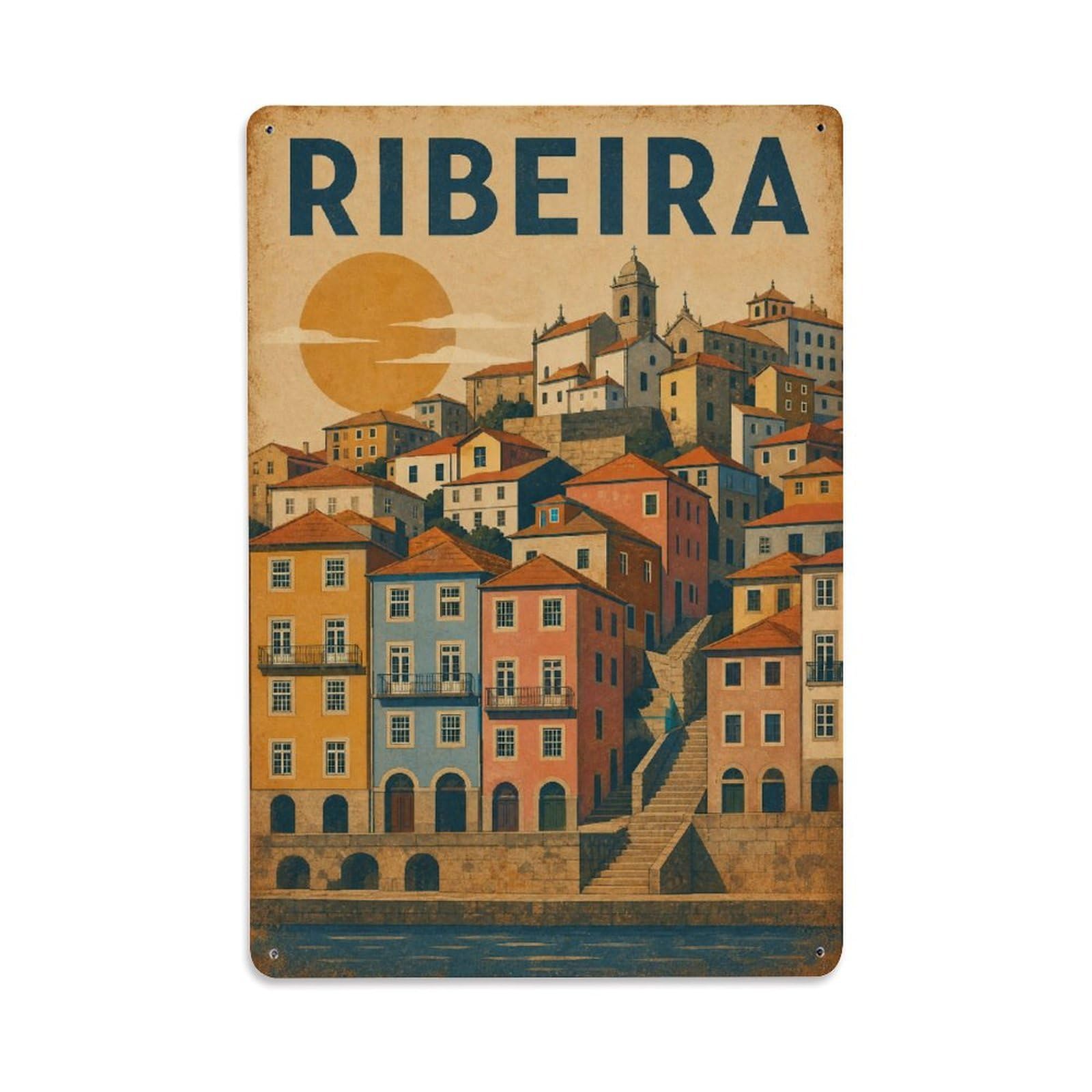 Yrnq 08X12inch Vintage Style Vintage Ribeira Historic Quarter Hillside Portugal Metal Tin Sign