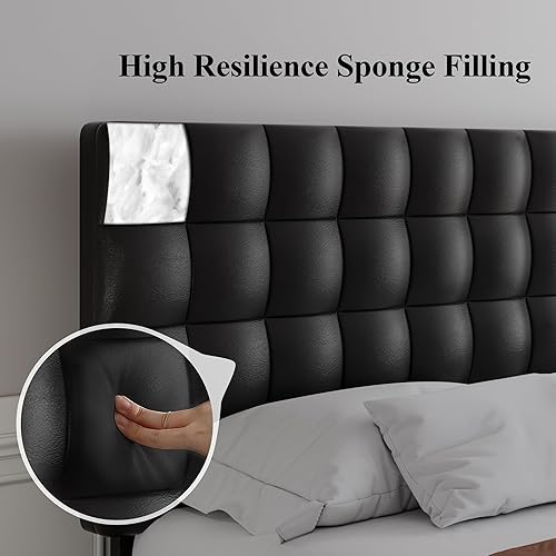 Miniatura 5 de iPormis Marco de cama de plataforma Queen marco de cama tapizado de piel sintética con cabecera cuadrada soporte de listones de madera no necesita