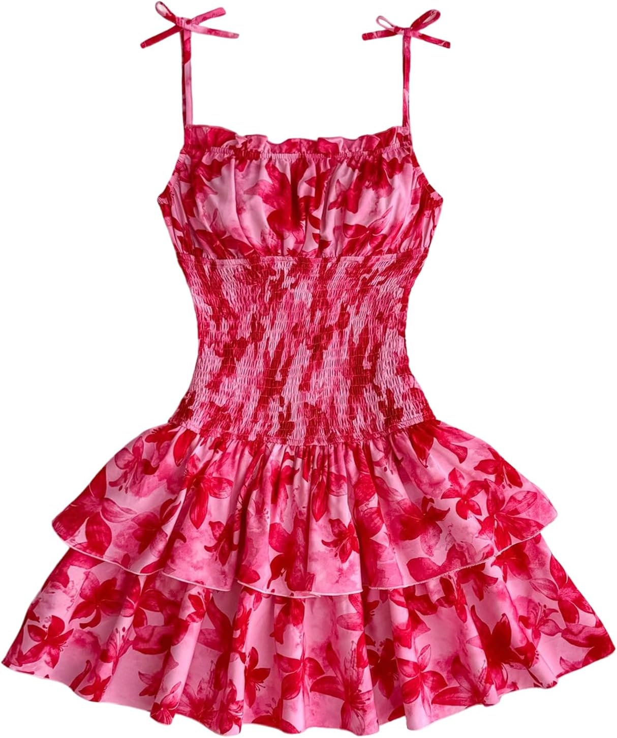 OYOANGLE Girl's Floral Ruffle Teen Dress Spaghetti Strap Sleeveless Shirred Waist Summer Vacation Short Dress