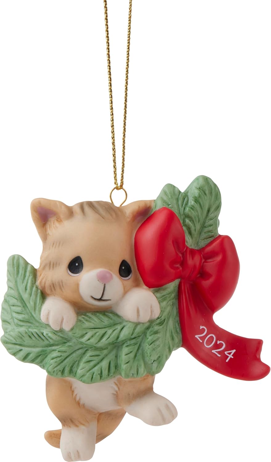 Precious Moments 2024 Dated Cat Ornament | Hanging Out for The Holidays Dated 2024 Bisque Porcelain Cat Christmas Decor
