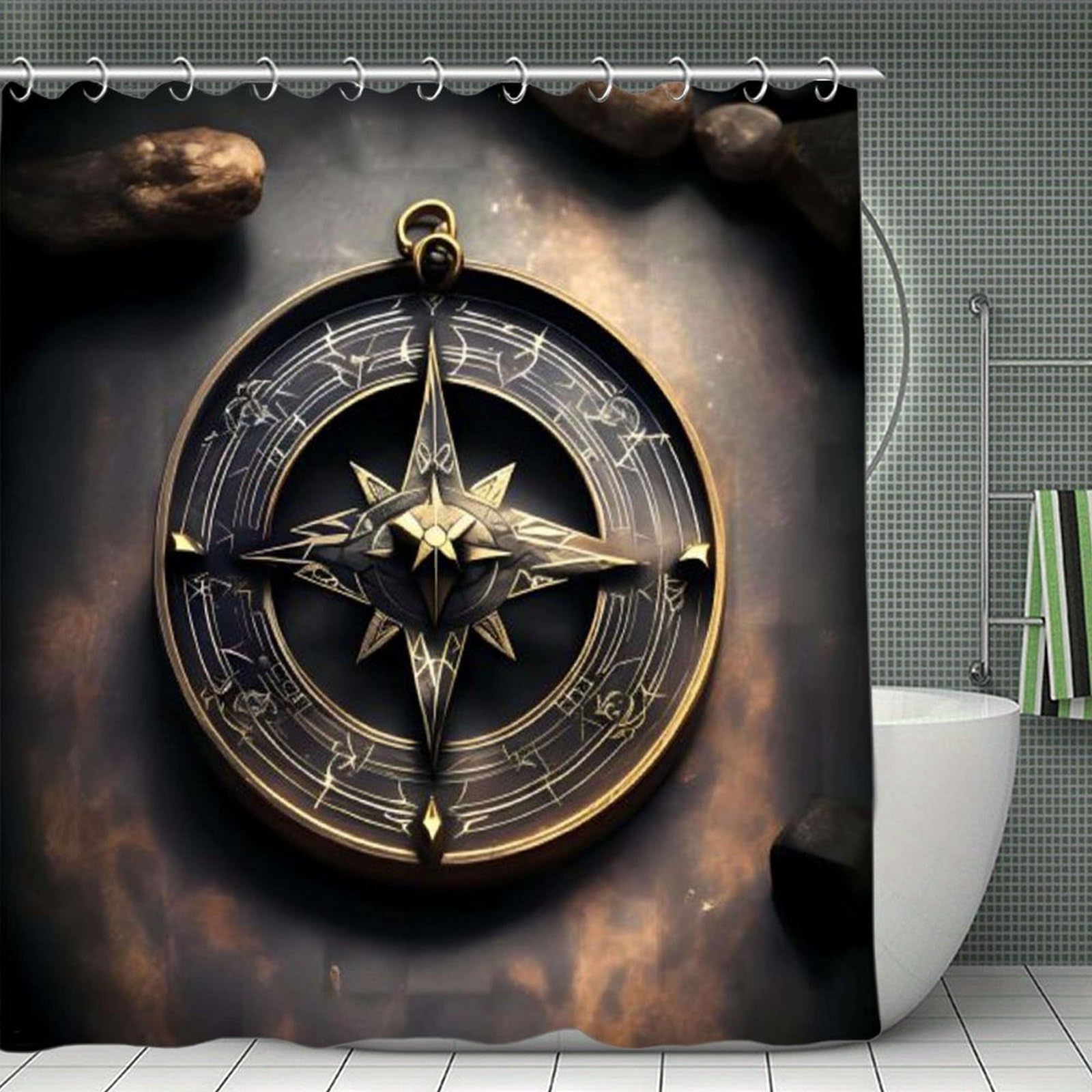 VstaDank Magical Design Norse Runes Compass Shower Curtain Waterproof Bathroom Shower Curtain with C Type Hooks Soft Lightweight Shower Curtains Liner Washable Polyester Cloth Shower Liner 71x71 Inch
