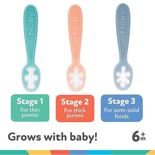 Miniatura 5 de Nuby Juego de 3 cucharas para bebé de 3 etapas, paquete de 3, más de 6 meses, cucharas para bebé con mango de fácil agarre, pasteles