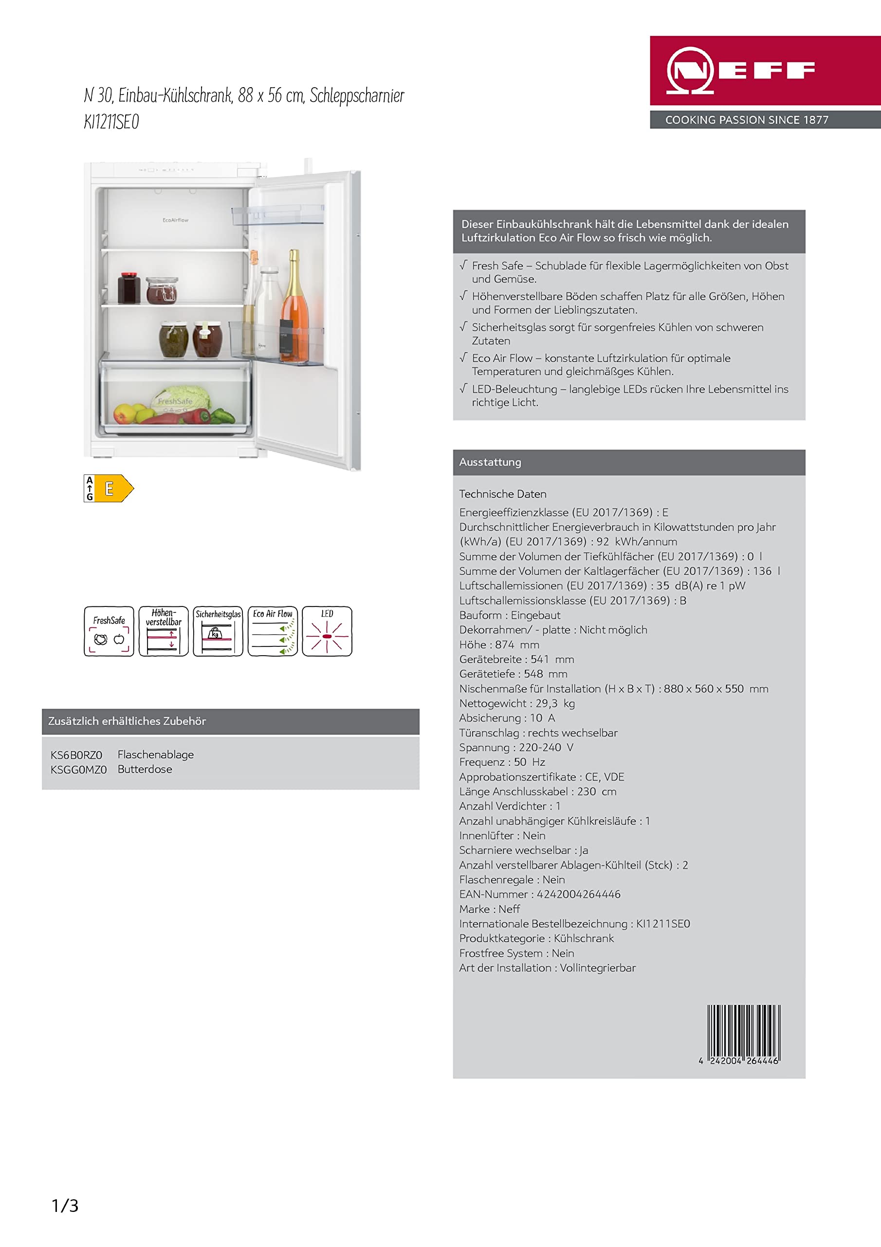 NEFF KI1211SE0, N 30, Nevera empotrable, 88 x 56 cm (alto x ancho), refrigeración 136 l, 35 dB, fabricado en Alemania, iluminación LED, cristal de seguridad, Fresh Safe, Eco Air Flow, bisagra de