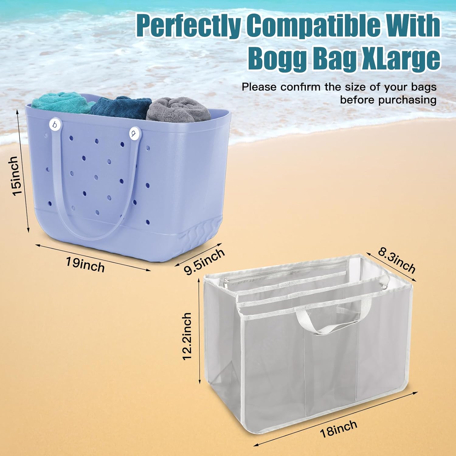 グレービーチバッグオーガナイザーインサート Xラージボグバッグ対応 軽量メッシュ仕切りポーチ XLラバートートバッグ用 プール、旅行