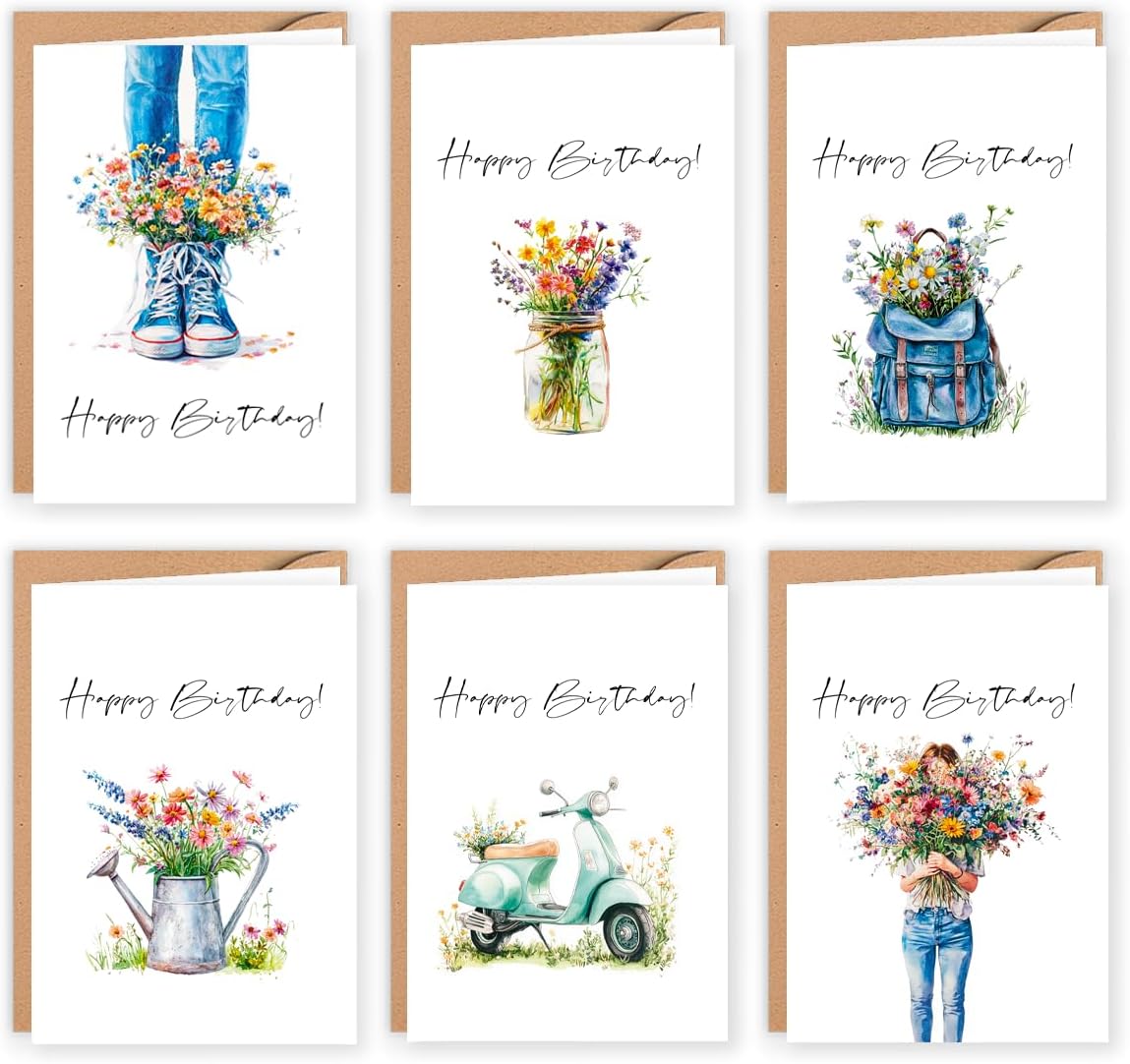 12er Geburtstagskarten Set mit Umschlägen in Kraftpapier Optik Glückwunschkarten Geburtstagskarten Klappkarten mit Umschlag Aquarell Zarte Wildblumen Happy Birthday für Erwachsene Mann Frau