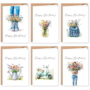 Set of 12 Birthday Cards with Envelopes in Kraft Paper Look Greeting Cards Birthday Cards Folding Cards with Envelope Watercolor Delicate Wildflowers Happy Birthday for Adults Men Women