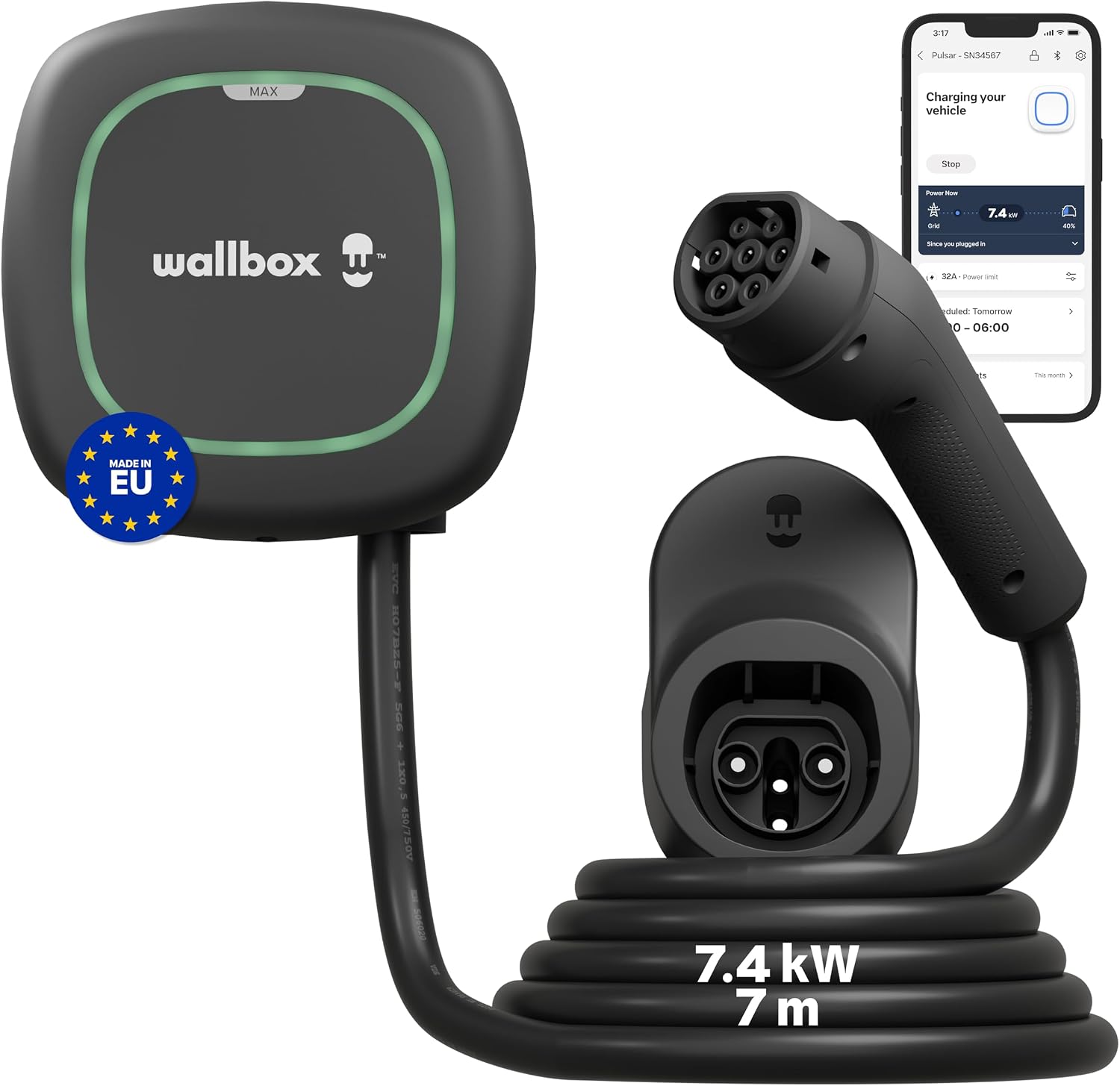 Wallbox Pulsar Max 7.4kW - Cargador Coche Electrico 32 A - Cable 7 Metros- Cargador EV Tipo 2- Estación Carga para Vehículo Eléctrico WiFi y Bluetooth - Cable de Carga para Interior y Exterior - Negro