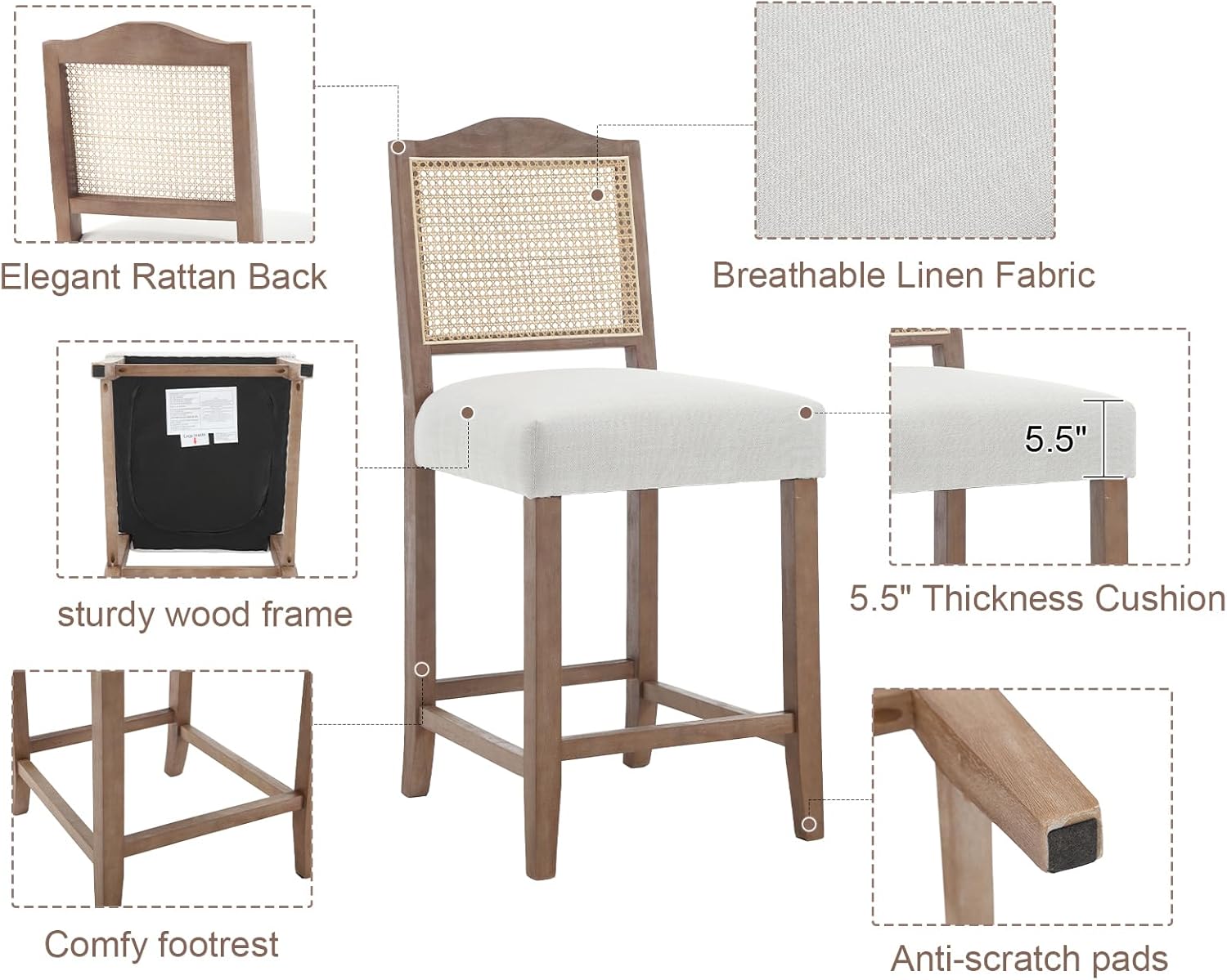 Shunzhi Rattan Bar Stools Set of 2, Farmhouse Counter Height Barstools with Cane Back, Wooden Wicker Bar Chairs, Upholstered Kitchen Island Stool for Home Bar/Pub,Linen Beige,26 Inch