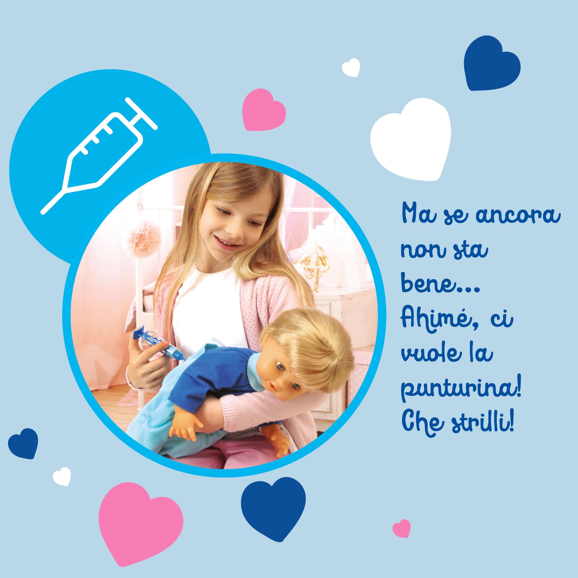 Cicciobello Bua, Bambola Interattiva con Accessori, Giochi Bambini 2 anni, Accessori per la Cura Come Termometro e Stetoscopio, Usa il Ciuccio per Farlo Smettere di Piangere!