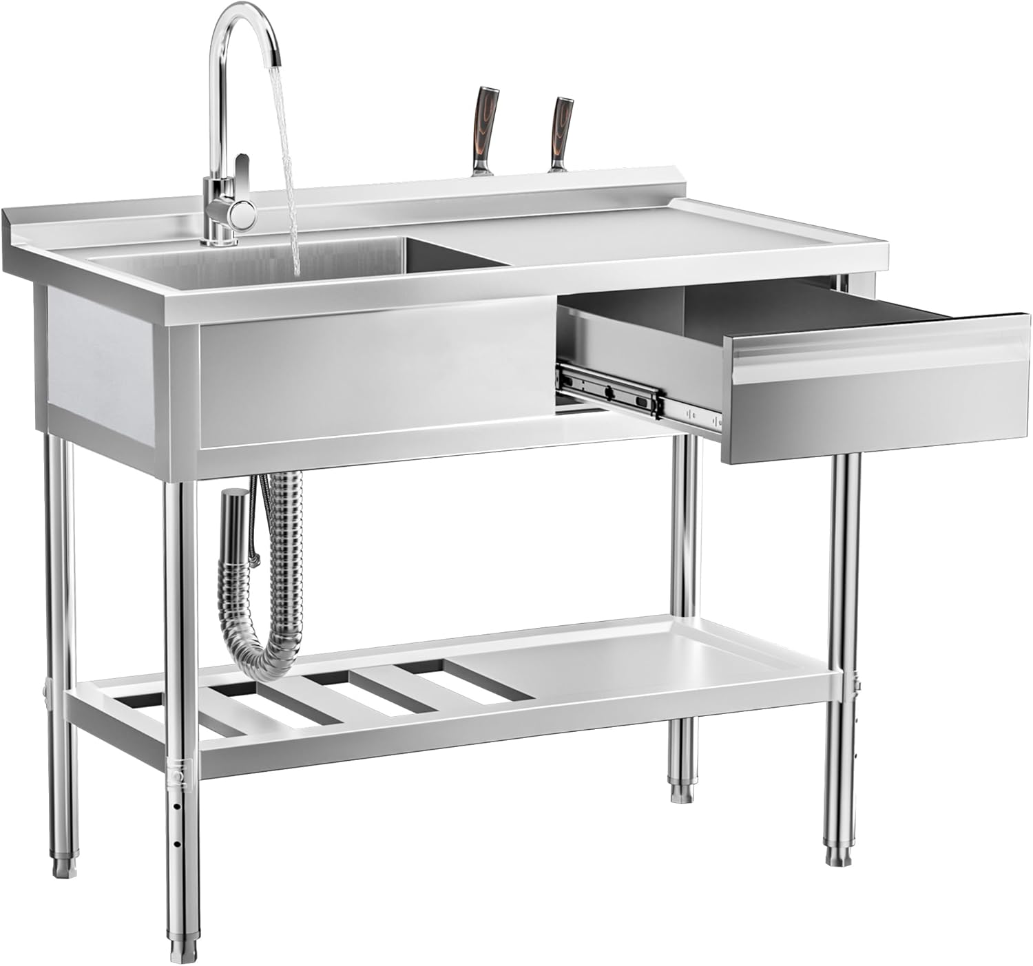 WOEDEN 47" 304 Stainless Steel Utility Sink, Free-Standing Commercial Sink with Workbench, Drawer Storage & Hot/Cold Water Pipes for Laundry, Farmhouse & Outdoor Use