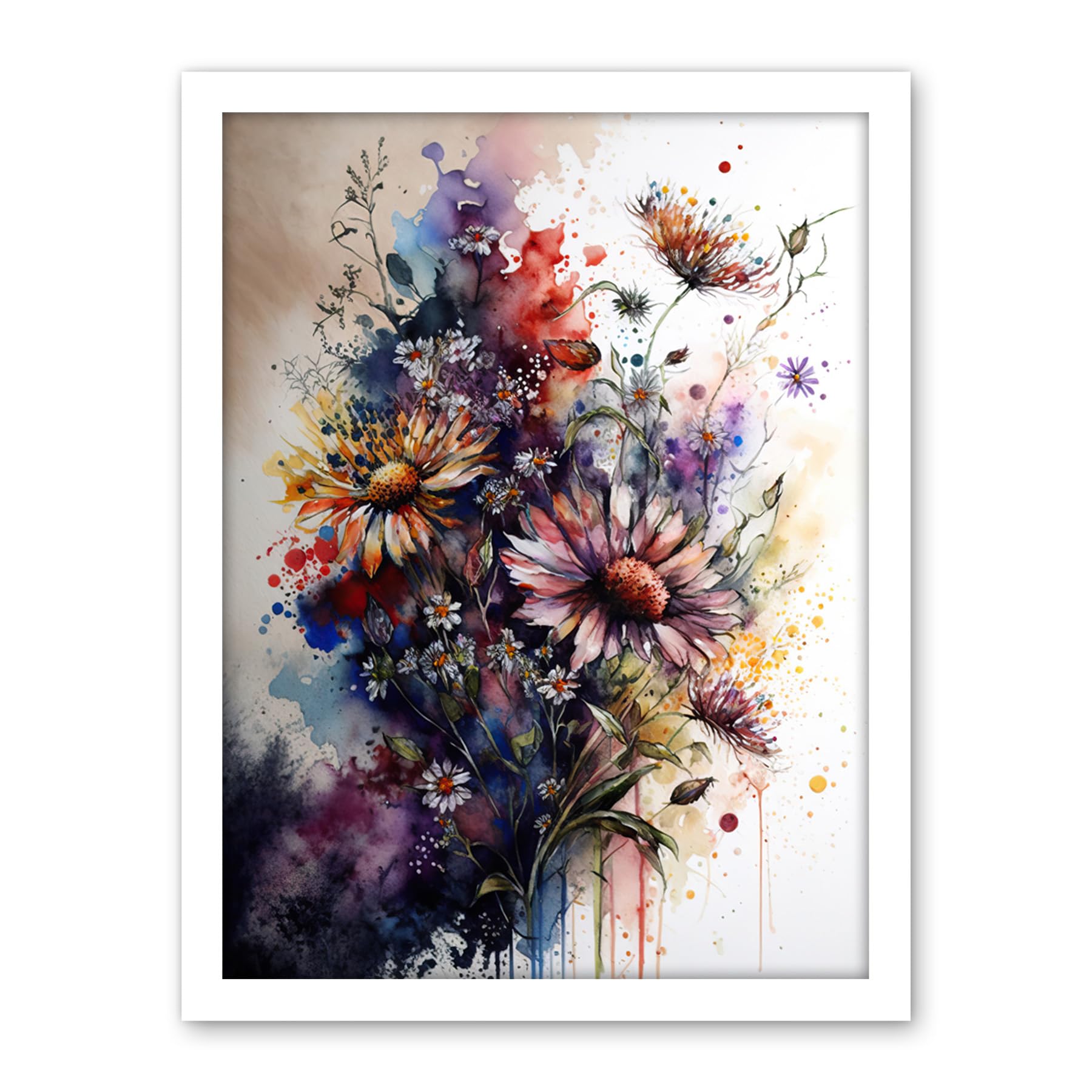 Artery8 Flower Bouquet over Watercolour Splat Illustration Artwork Framed Wall Art Print 18X24 Inch