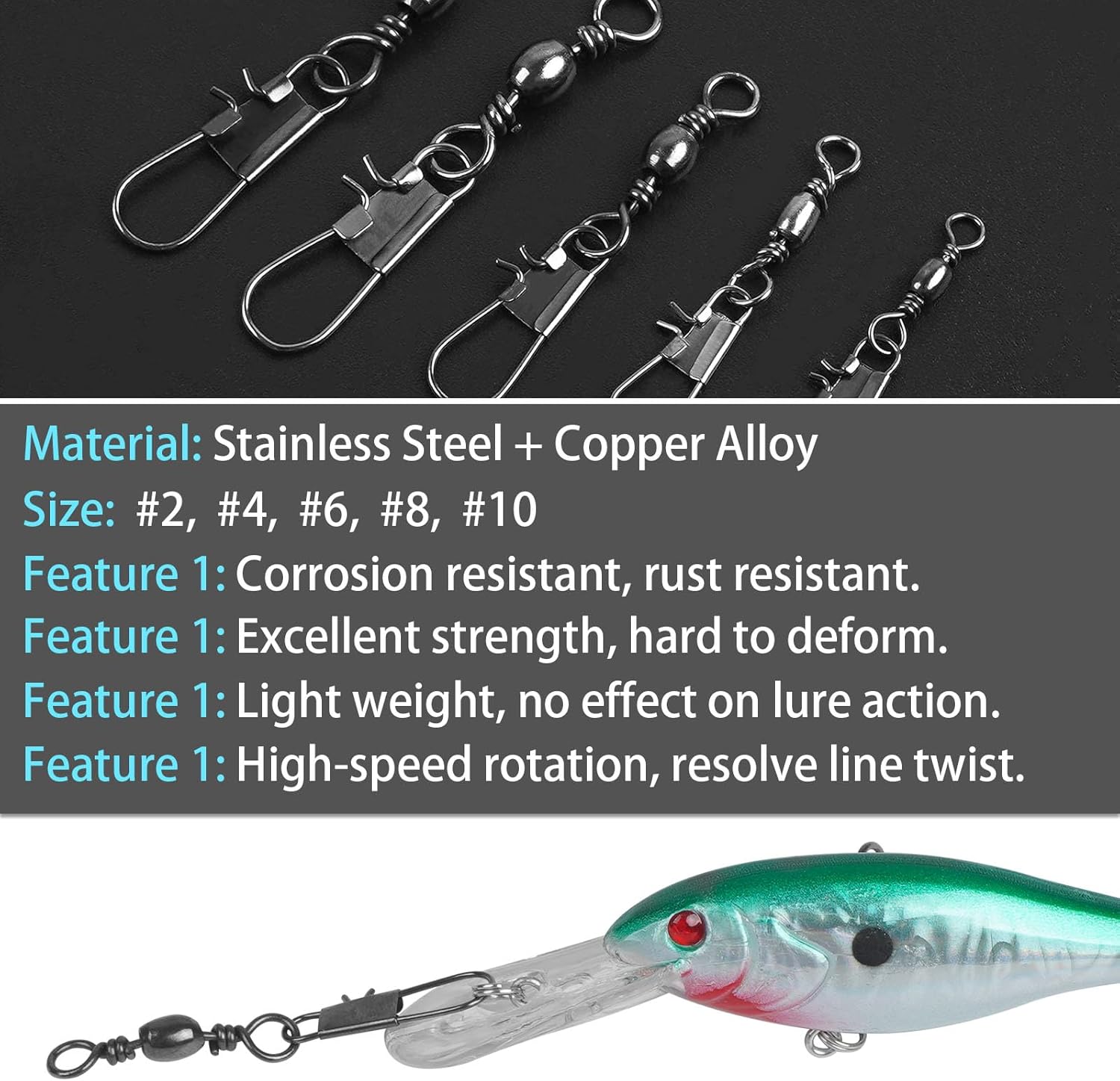 JSHANMEI Fishing Swivels Snap, Barrel Swivels Fishing Tackle, Stainless Steel Safty Interlock Snaps Leader Line Lure Connector Freshwater Saltwater - Image 4