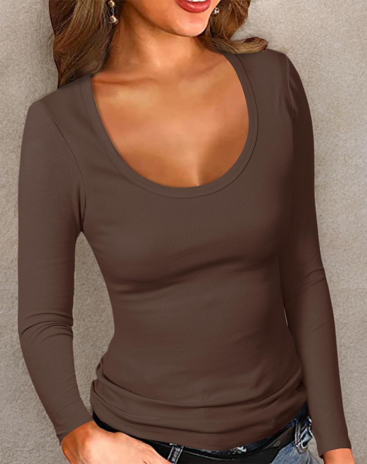 PALINDA Women's Ribbed Scoop Neck Slim Fitted T Shirts Basic Solid Long Sleeve Layering Tee Tops - Image 6