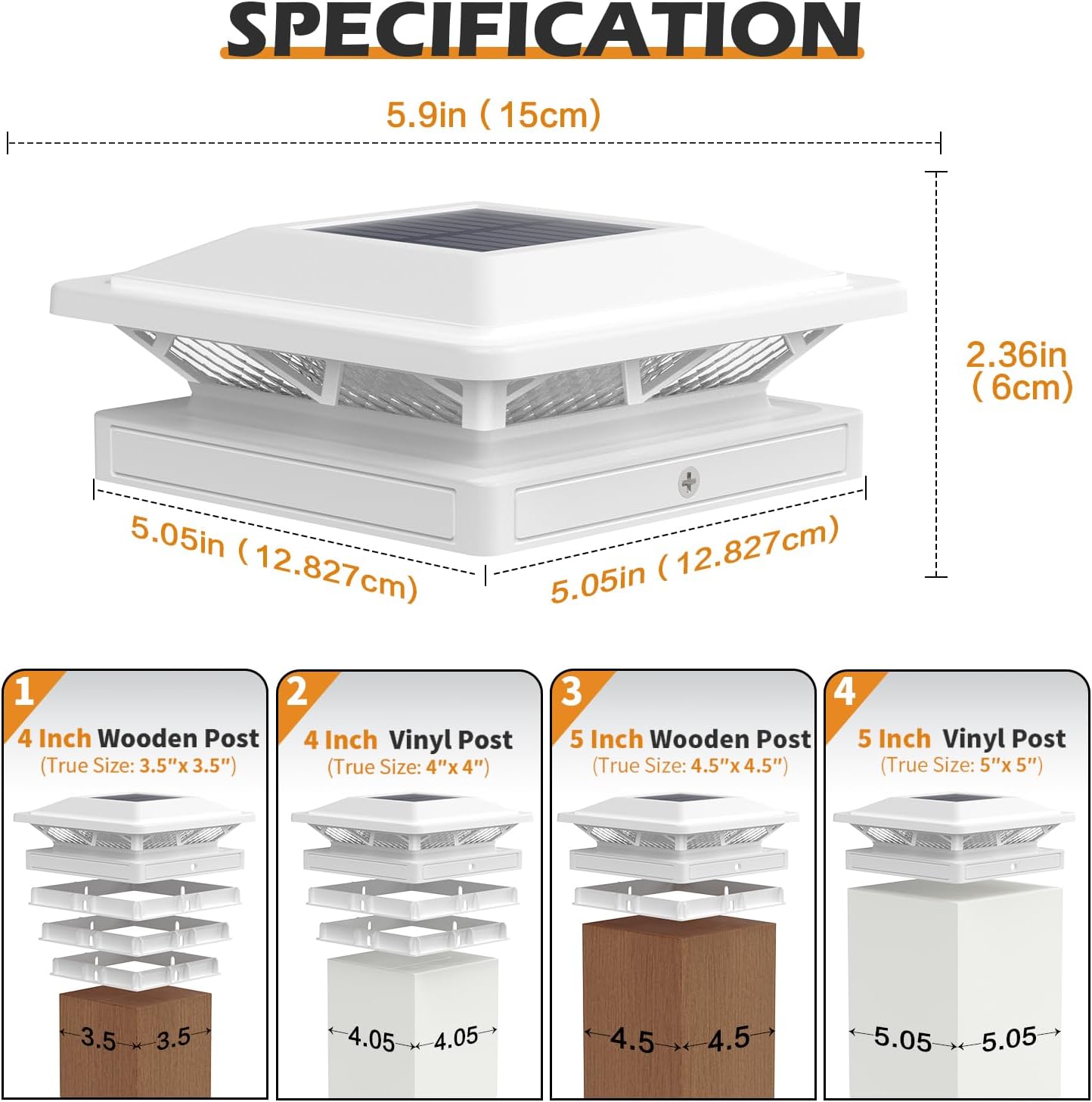SIEDiNLAR Solar Post Cap Light 2 Modes 6 Pack, 3.5x3.5 4x4 4.5x4.5 5x5 Vinyl/Wooden Posts, Waterproof Outdoor Lighting for Fence Deck Patio Garden Decor, White/Warm (White)