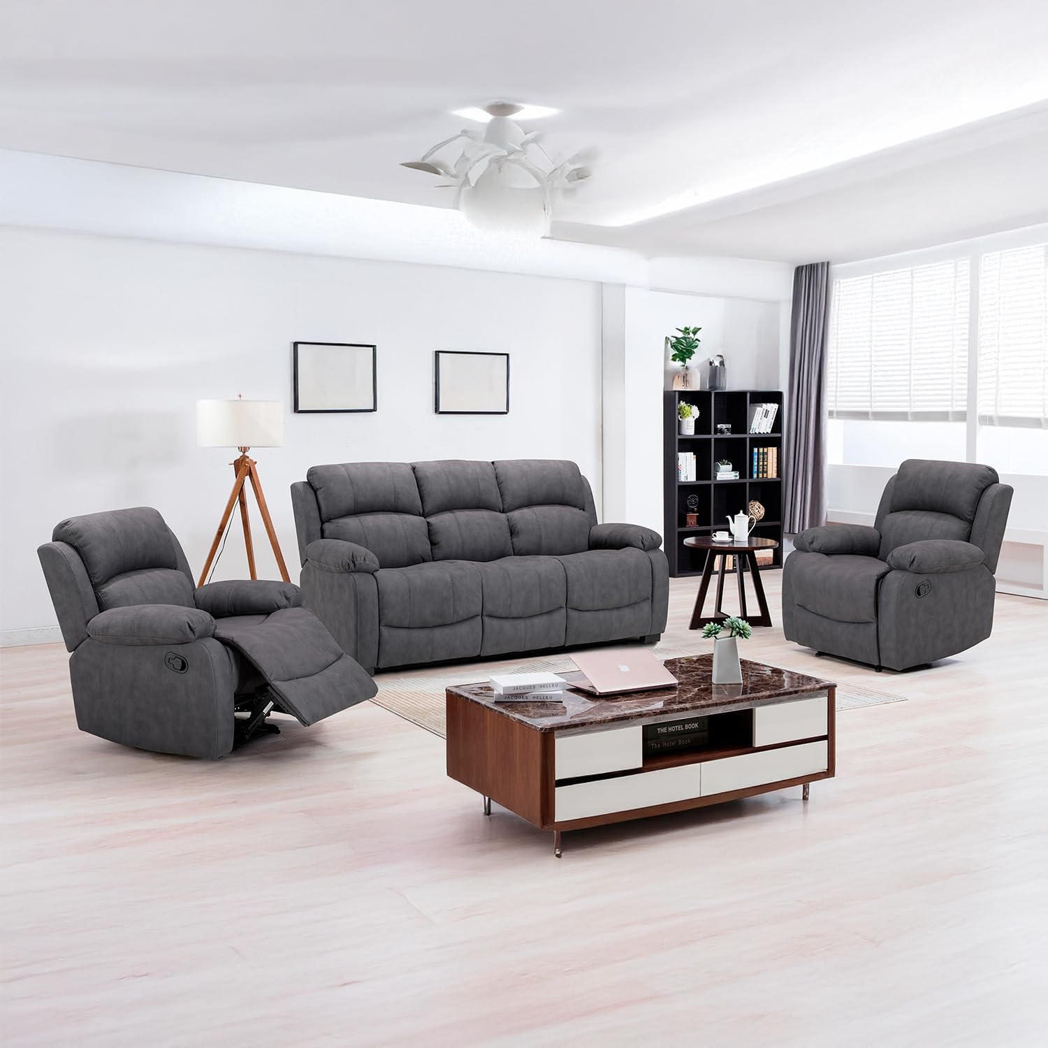 Furnishings For Less UK New Alaska Suede Fabric 3 Piece Sofa Suite | Manual Reclining Armchairs + Static 3 Seater Seater Sofa High Back Grey