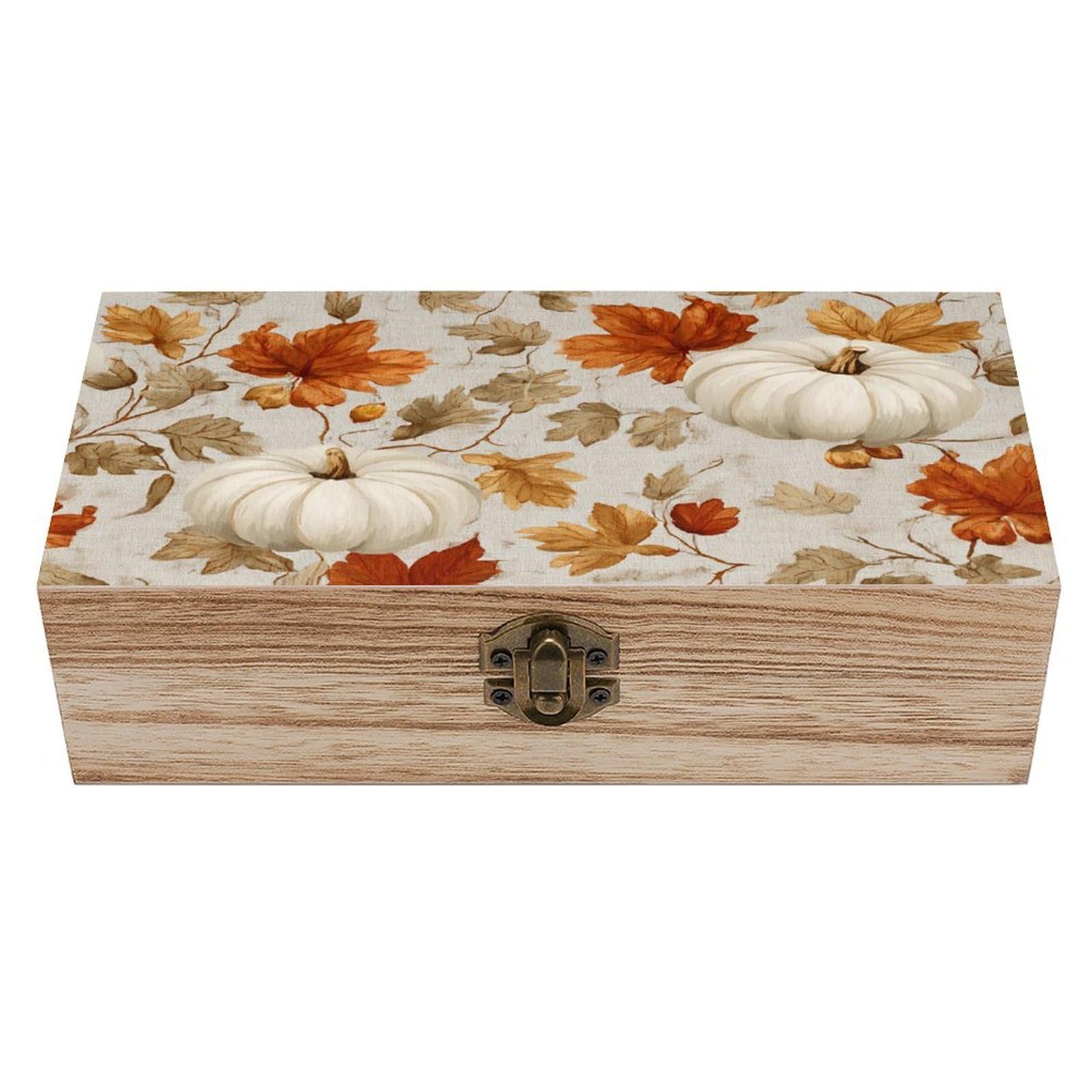 White Pumpkins And Autumn Leaves Pattern Wooden Storage Box with Hinged Lid