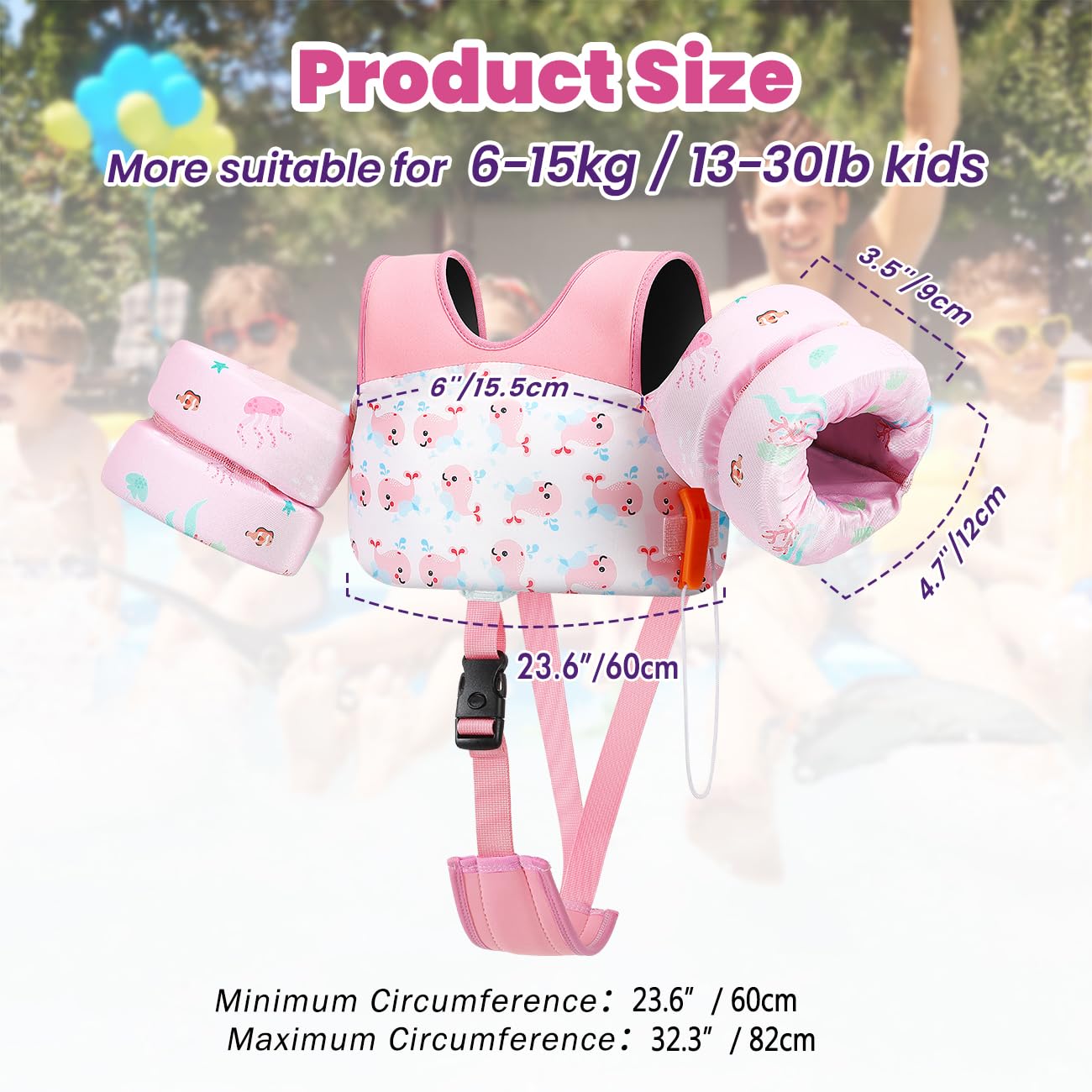 HeySplash Chaleco de Natación para Niños, Traje de Baño Flotante con Correa Ajustable para Pequeños de 6-15kg Aprender a Nadar, Flotador de Brazo de Piscina con Silbato, Ballena Rosa