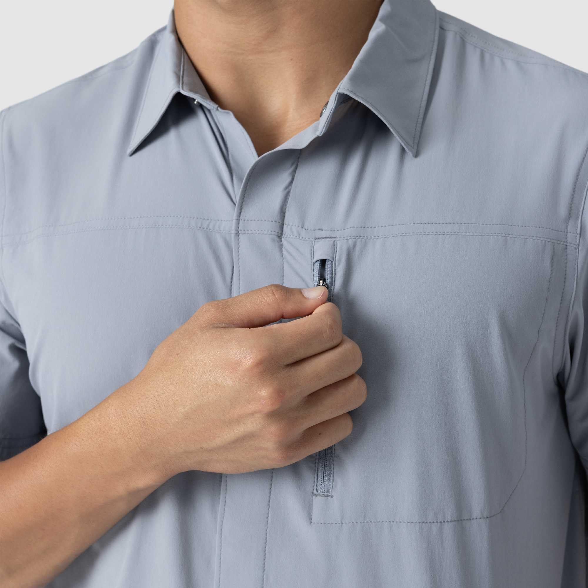 Outdoor Research Astroman Air - Camiseta de manga corta para hombre, parte trasera ventilada, transpirable, UPF 30+, botón a presión, camiseta de senderismo