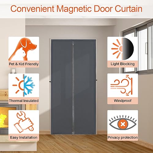 Miniatura 6 de Cortina magnética para puerta con aislamiento térmico, imanes de tira completa y tela de capas más gruesas, cortinas de cubierta de puerta temporal