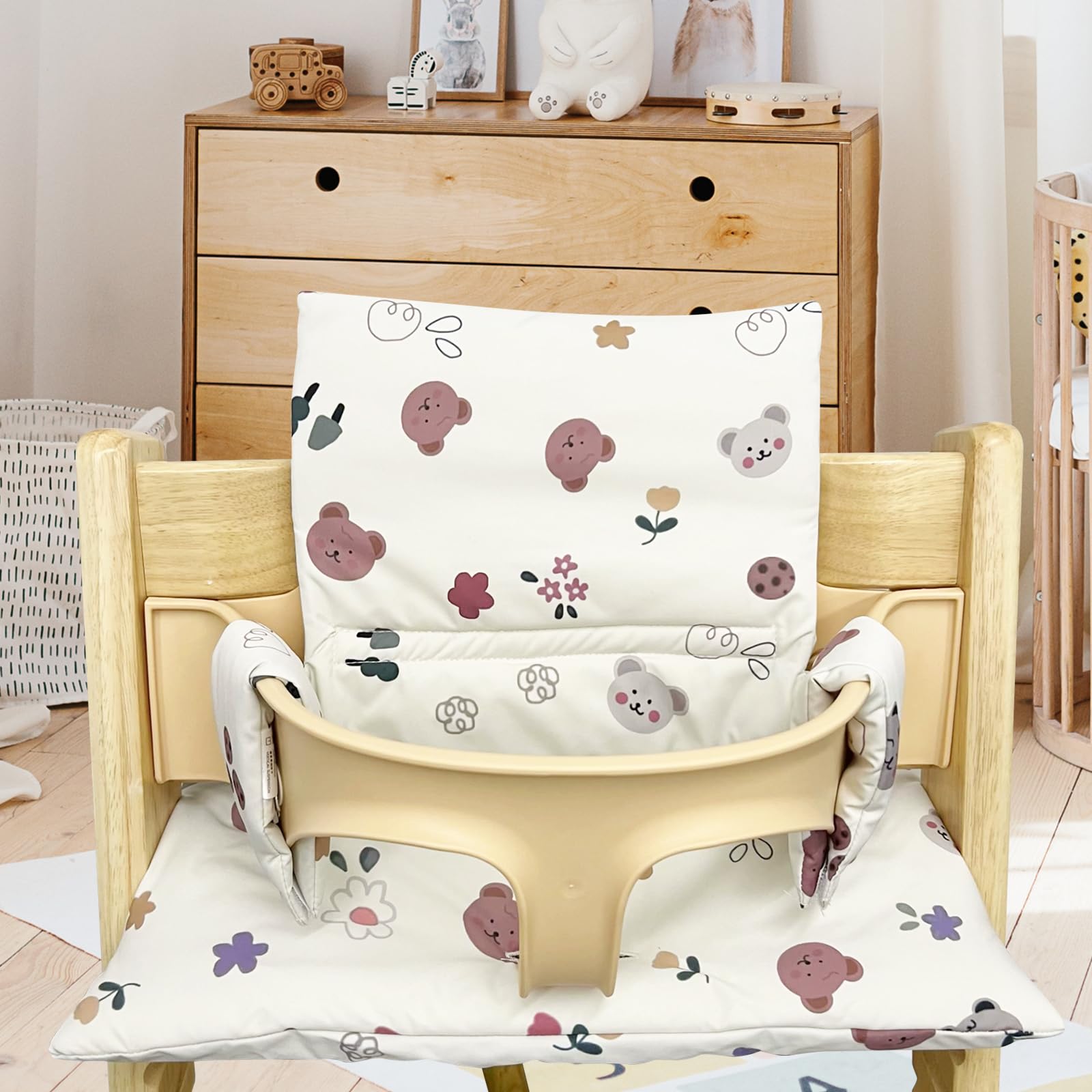 Sitzkissen für Stokke Tripp Trapp Hochstuhl: Rutschfest Hochstuhl Sitzkissen Set, Laminierte Beschichtung, Bio-Baumwolle Baby Sitzkissen, Maschinenwaschbar, Einfach Befestigung, Blumen, Bären